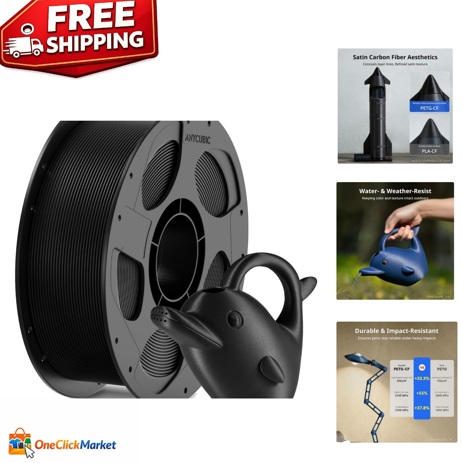 1KG Black PETG-CF Carbon Fiber Filament - Sleek, Durable & Precision-Engineered
