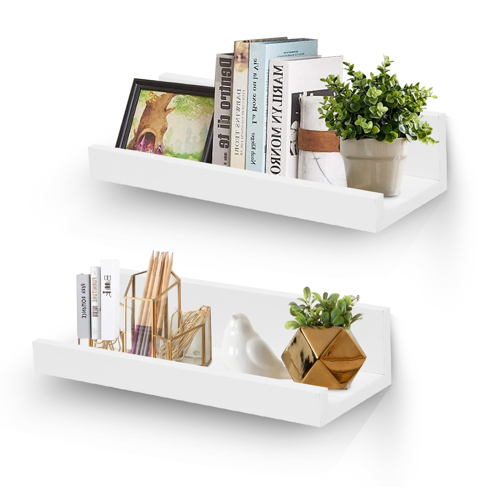 12 Inch Small Floating Wall Ledge Shelves With Lip Set Of 2 Wood White Mounted