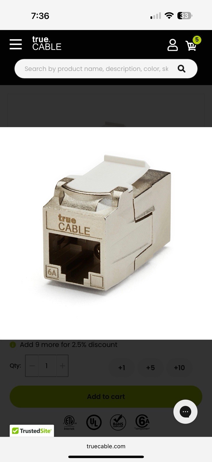 True Cable Cat6A Shielded Keystone Coupler | 12 Pieces