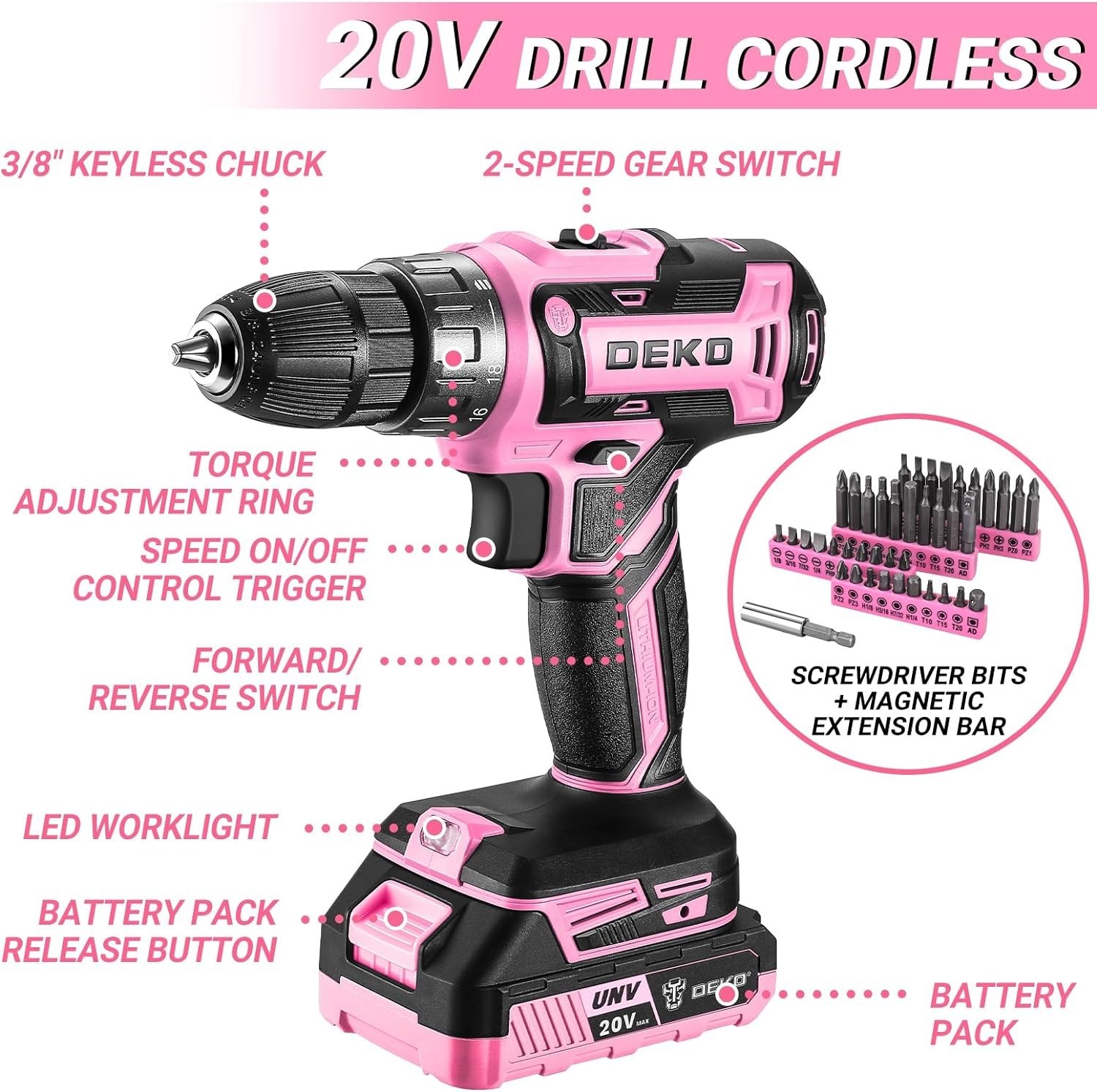 Pink Power Drill Tool Kit Set: 20V Cordless Electric Drill, Driver, Tool Box ...