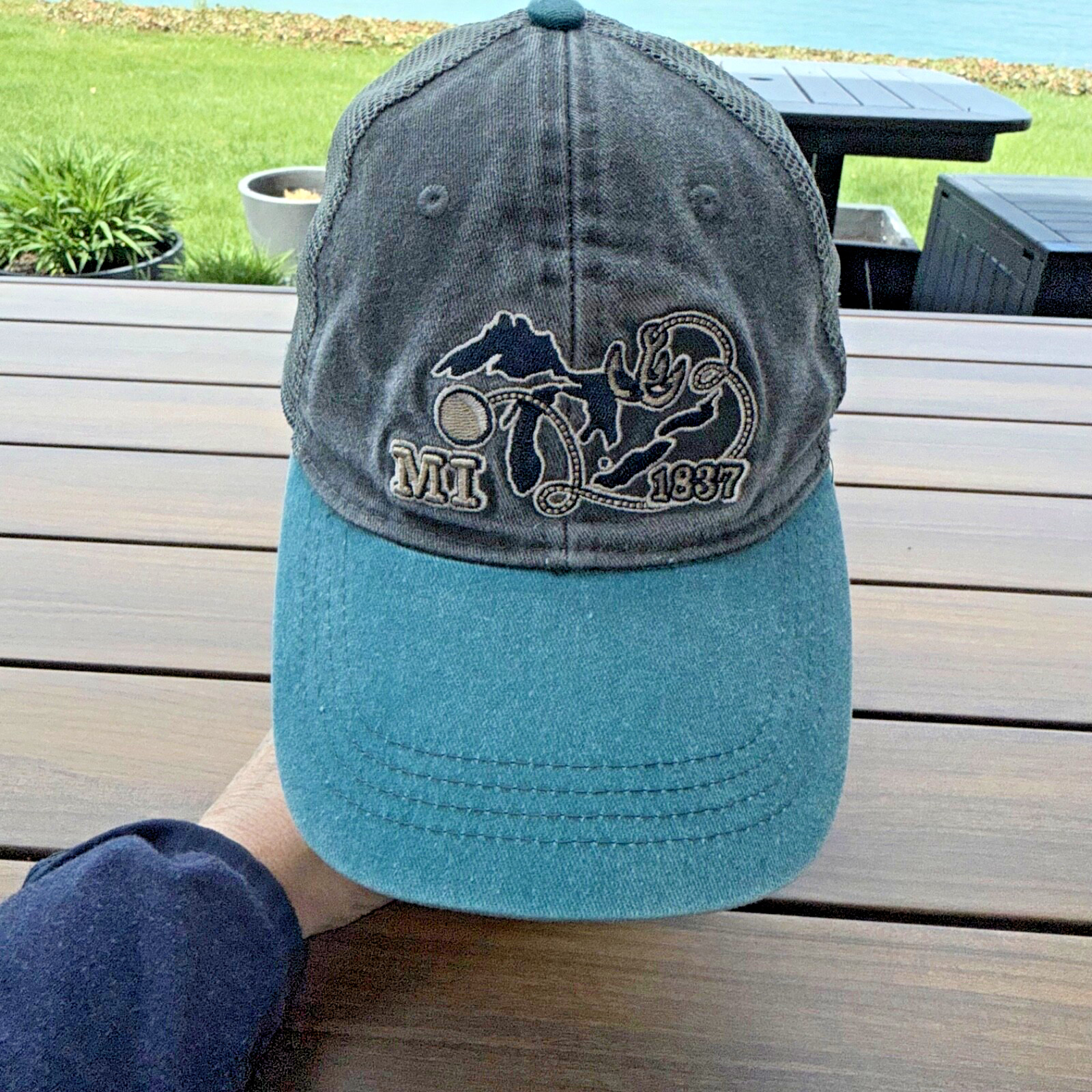 Michigan 1837 w Great Lakes on Gray Trucker Hat Cap w Teal Bill Snapback Cotton