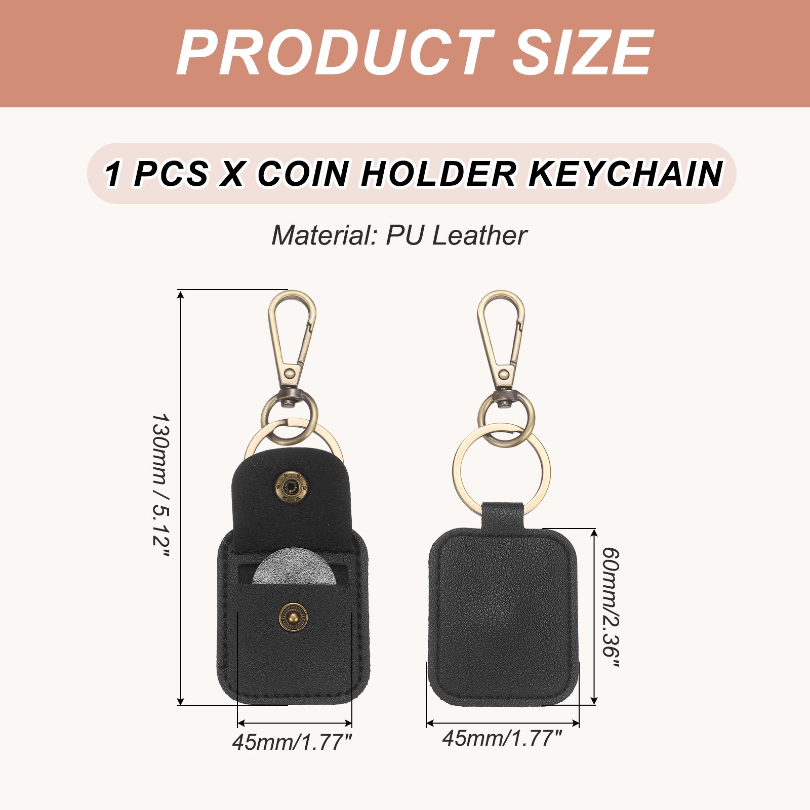 Quarter Leather Keychain, PU Leather Key Ring Coin Case, Black