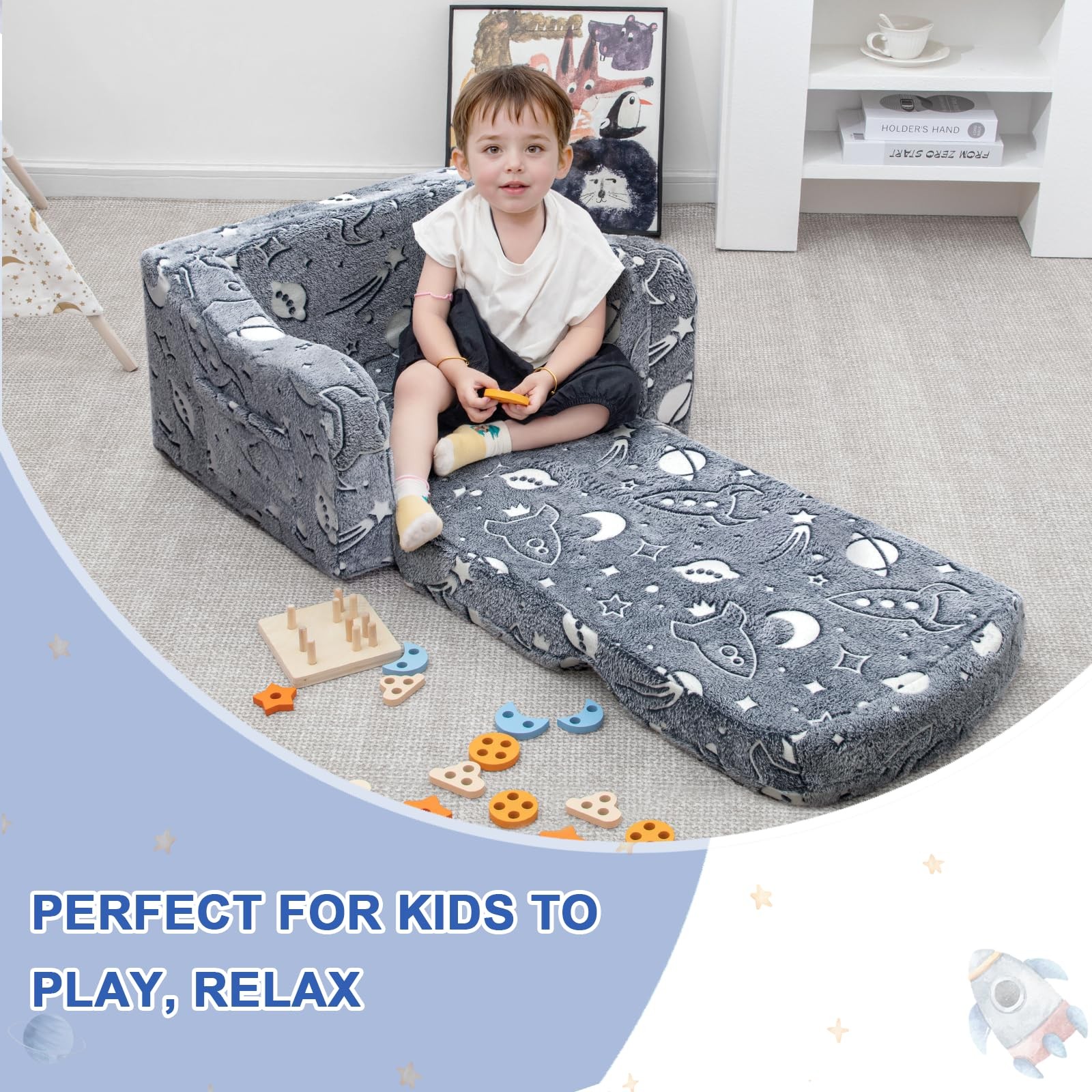 Comfy Toddler Couch and Chair for Kids with Blanket, 2-in-1 Soft Plush Fold O...