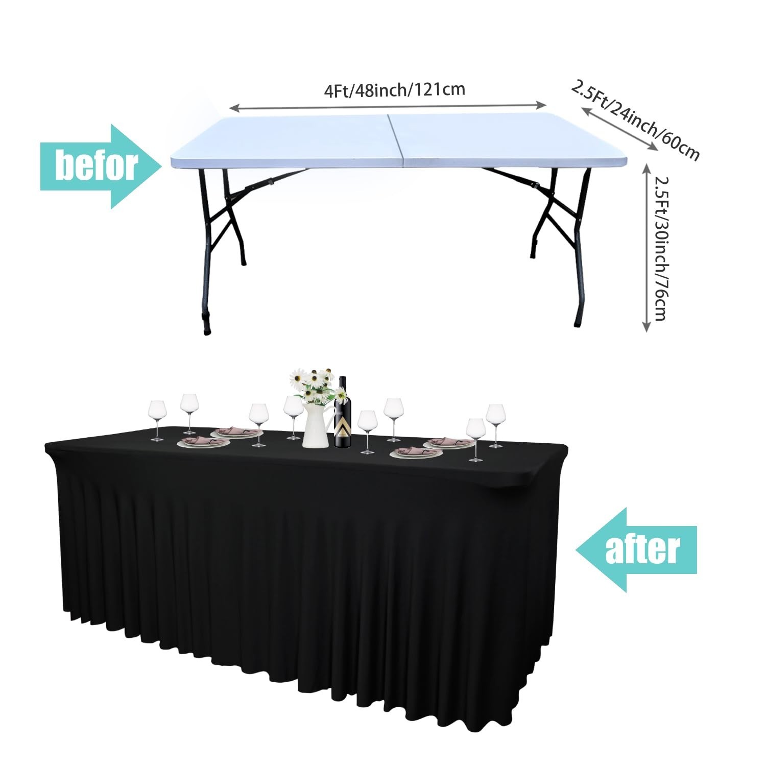 4-Pack Black Table Skirts for 4-Foot Rectangle Tables | 48''L x 24'... Fast Ship