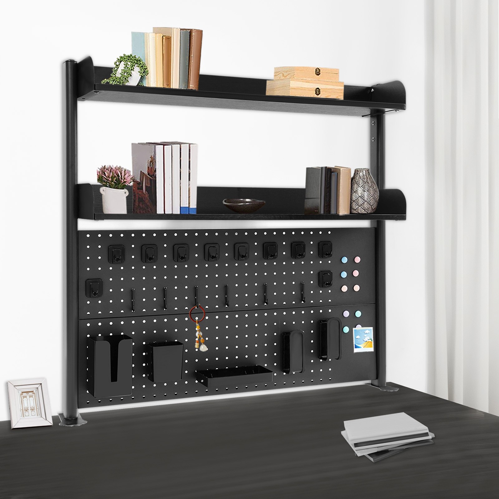 Premium Black Desktop Bookshelf with Adjustable Shelves & Pegboard Organizer