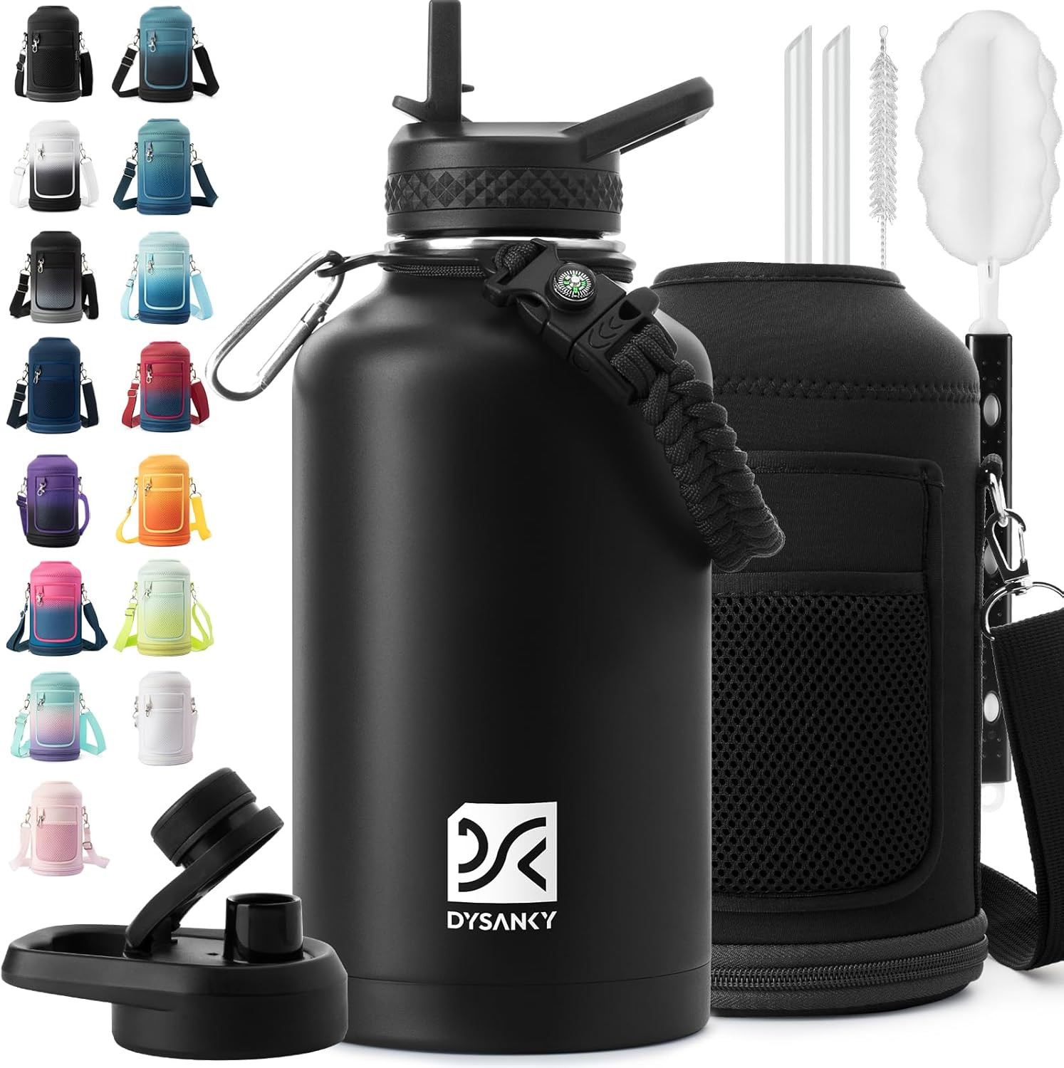 Insulated sports water bottle with straw and strap for gym travel and adventures