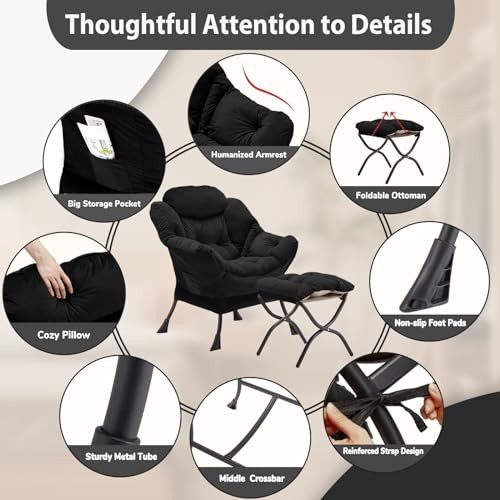 Lazy Chair with Folding Ottoman, Accent Chair Velvet Upholstered with Black-f