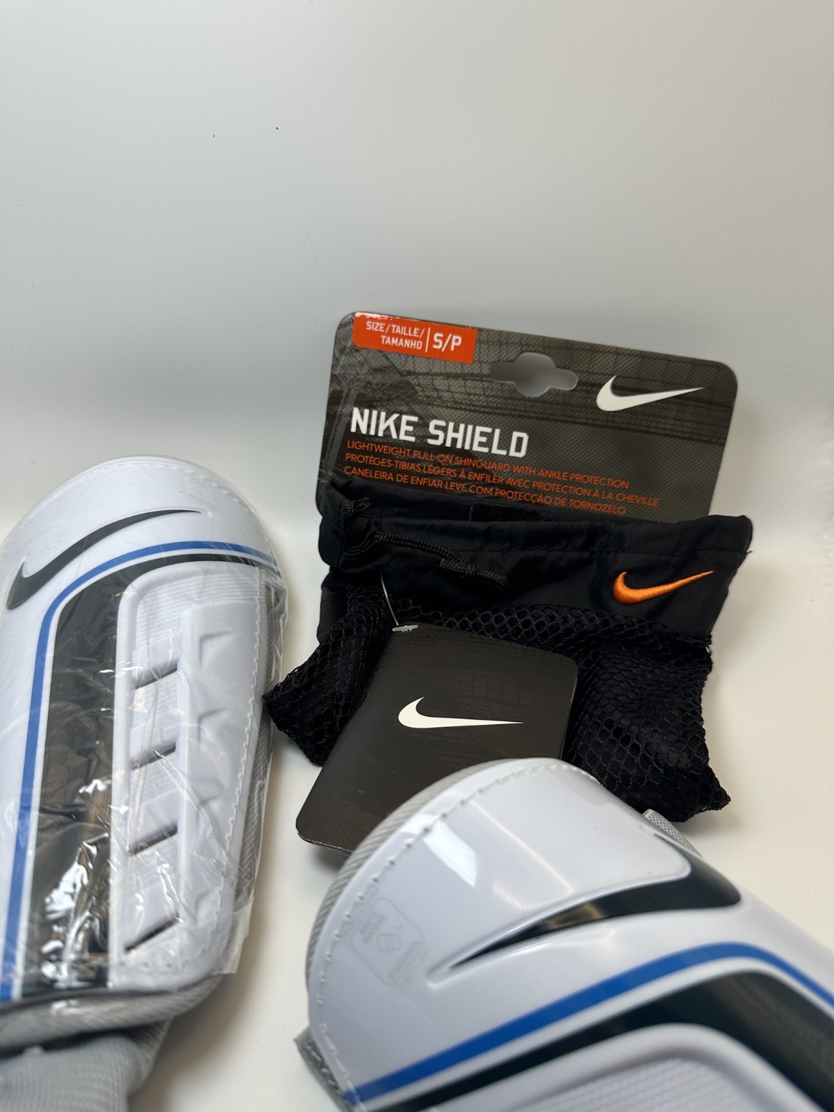 Nike Soccer Shin Guards ALL SIZES – Protective Adjustable Straps, White/Blue