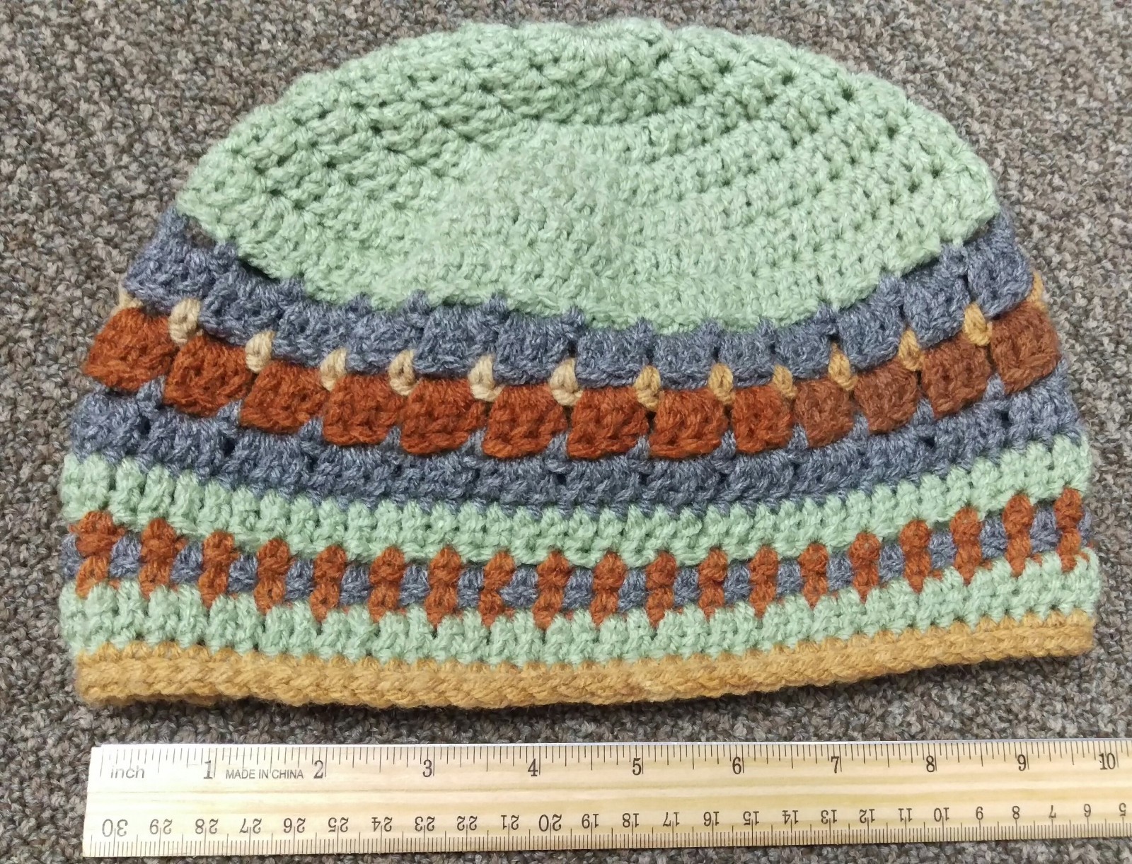 Handmade Crochet Beanie Green, Grey & Browns Adult Made in North Pole Alaska