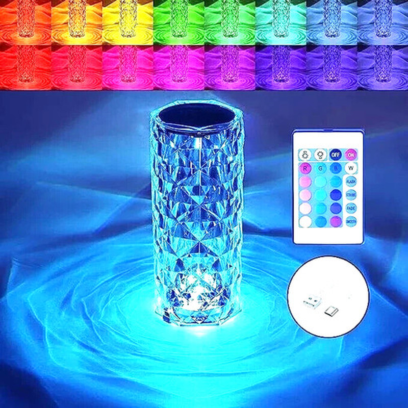 16 Color LED Crystal Table Lamp Diamond Rose Night Light Touch W/ Remote Contrl
