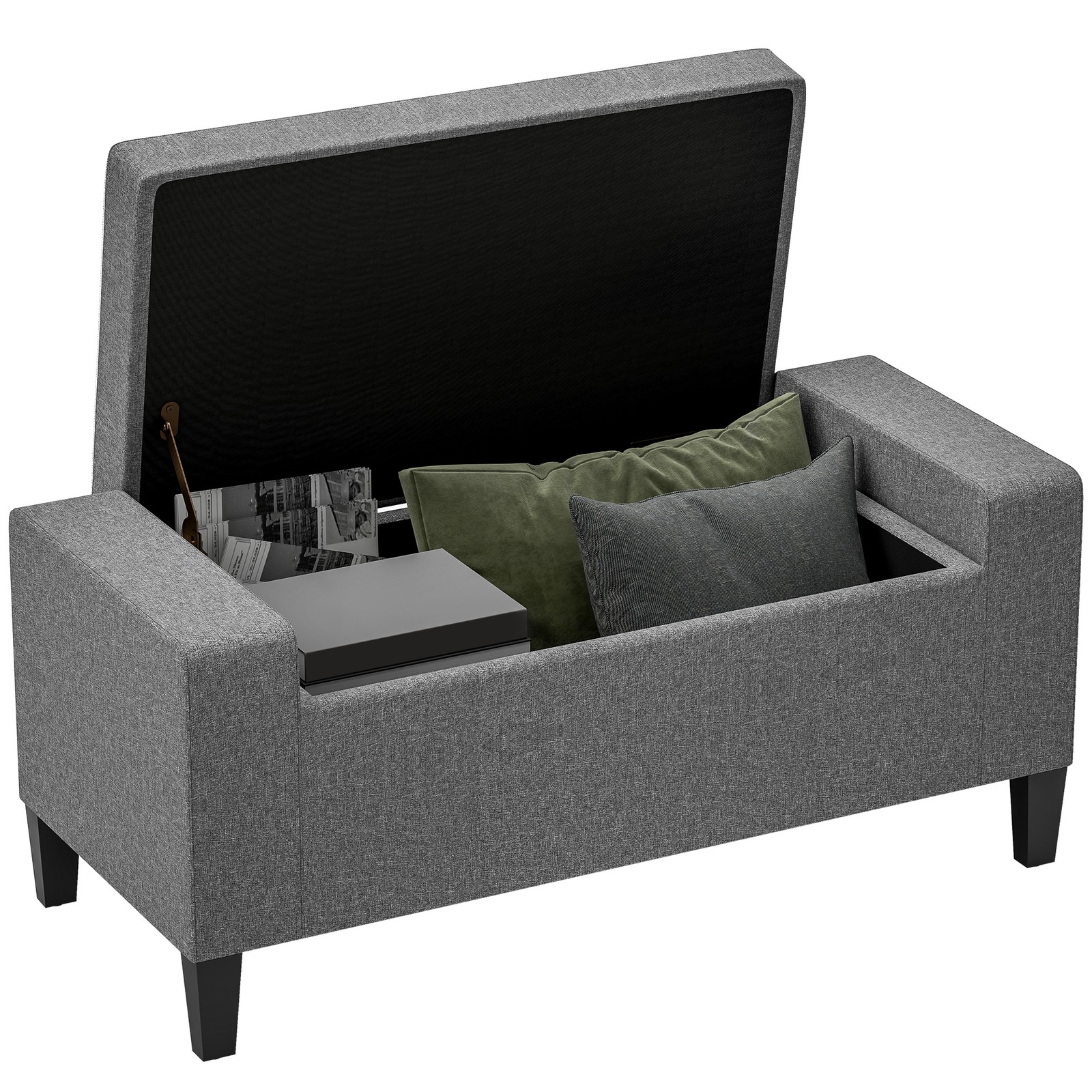 Rectangular Tufted Linen Storage Ottoman Bench with Flipping Top Gray