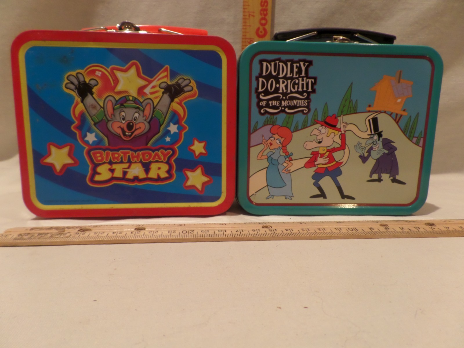 Mini metal lunch boxes -VTG lot of 2;"Dudley Do-Right" & "Chuck E. Cheese"
