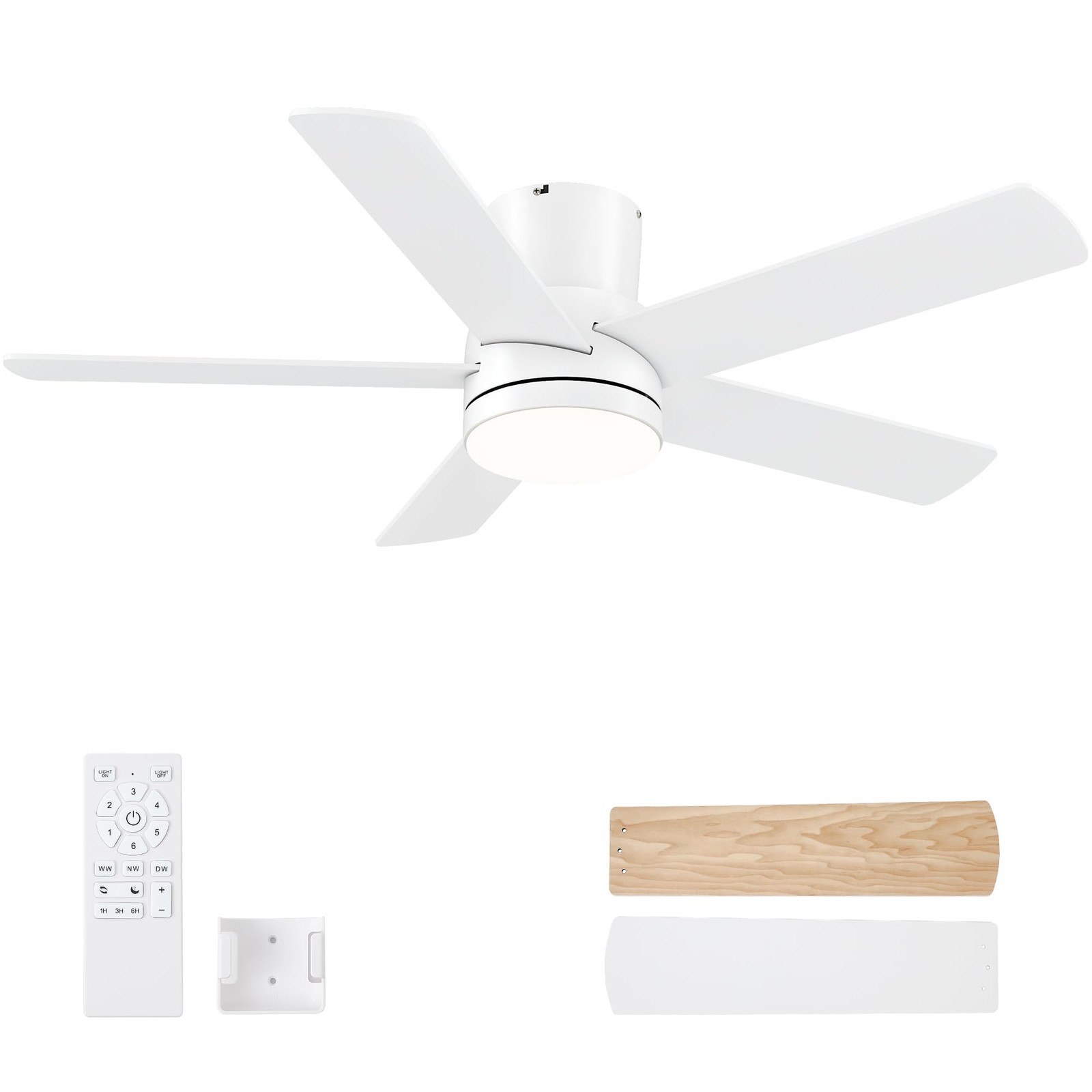 42 Inch White Ceiling Fan with Light, Flush Mount and Remote Control, Dimmabl...