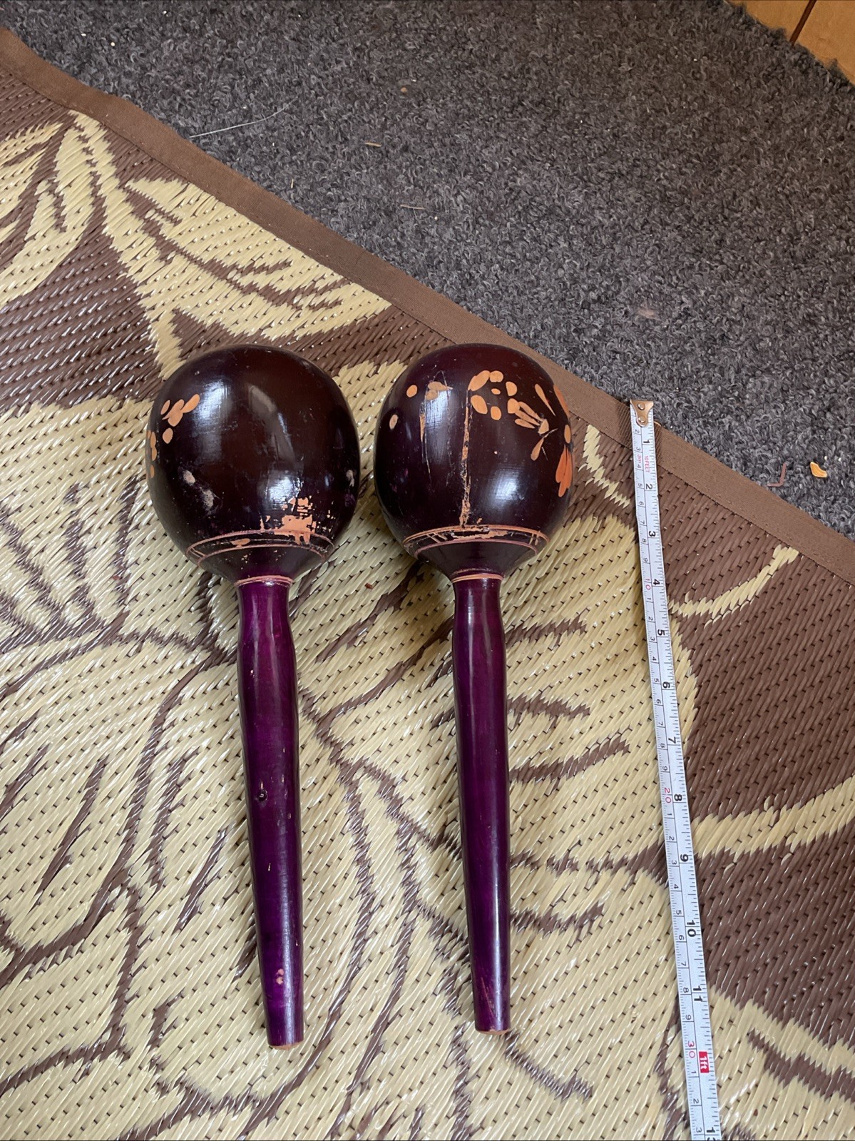 Vintage Wooden Maracas Hand Painted Set of 2 Etched Carved Wood Music Shakers