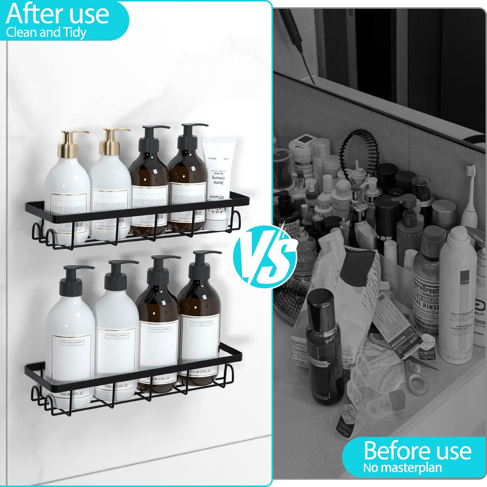 Uninol Shower Caddy Organizer with Hooks,Self Adhesive Bathroom 2 Pack, Black