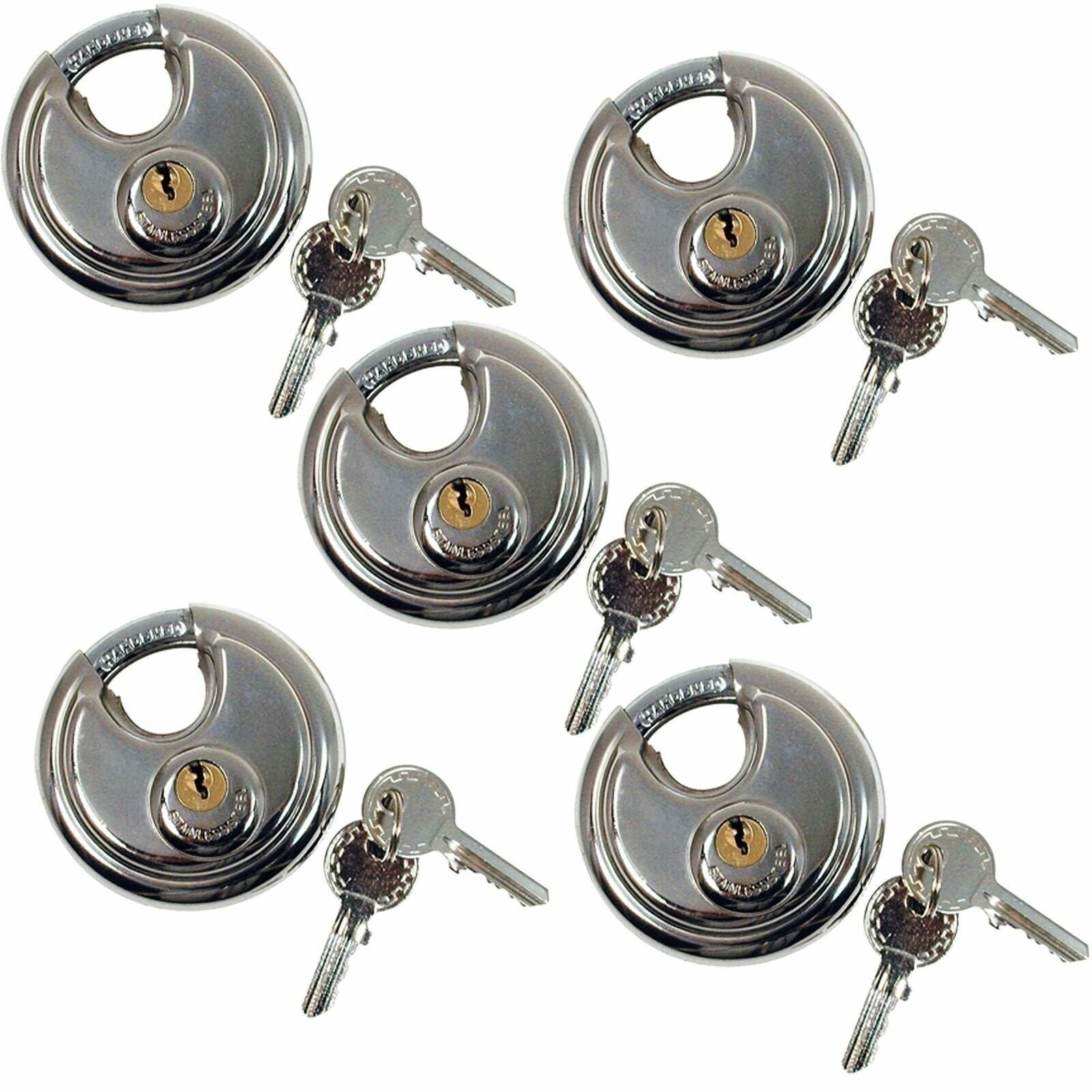 5x 70mm Heavy Duty Stainless Steel Armor Brass Cylinder Disc Padlock Round Lock