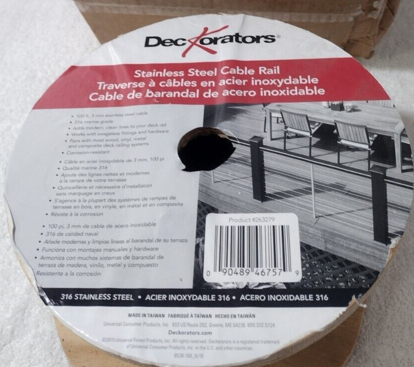 STAINLESS STEEL CABLE /Deckorators/ 263279/ 316 Marine Grade Steel/ 100 ft X 3mm