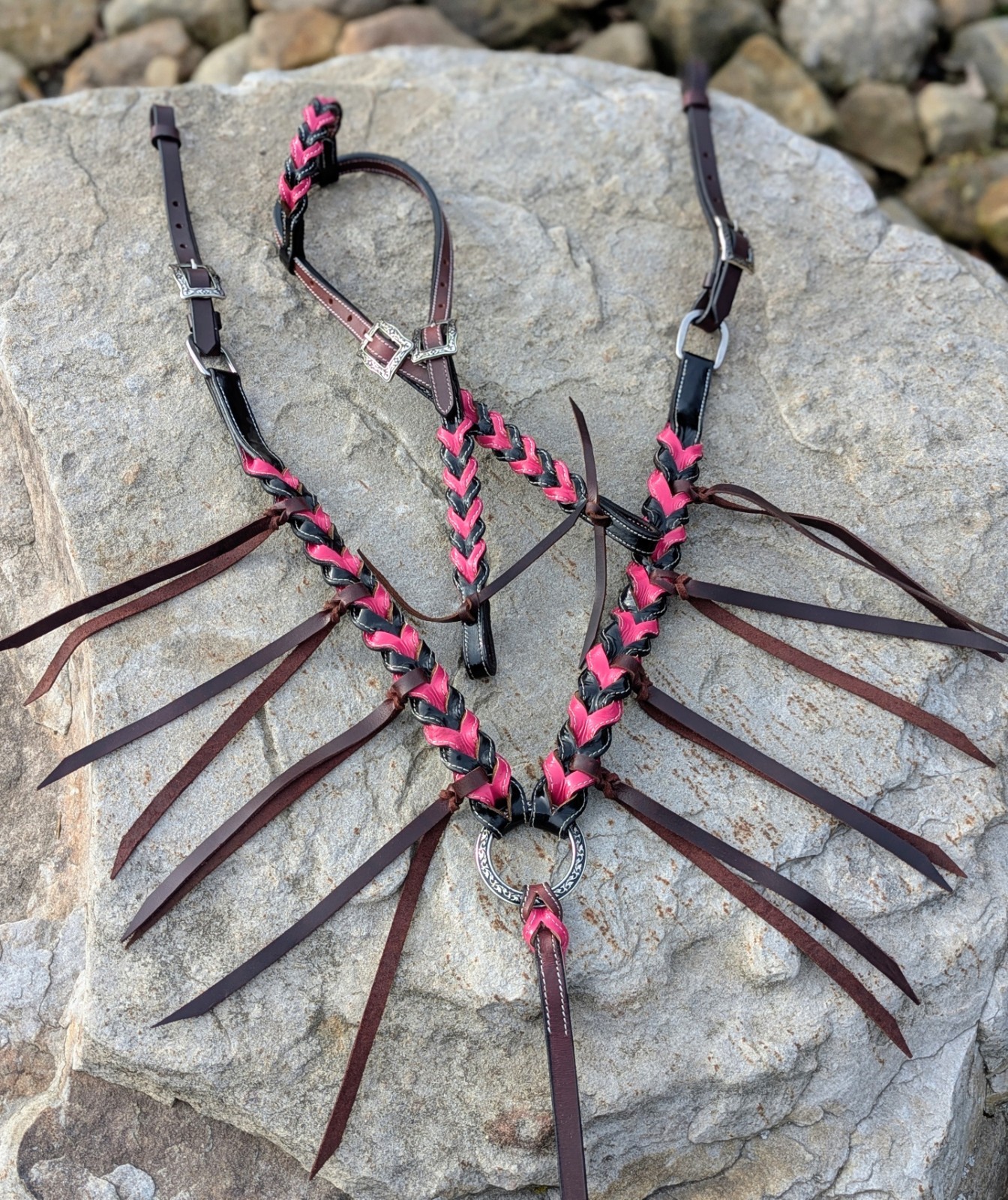Pink With Black Braided  Tack Set Fringe Breast Collar & Headstall Western