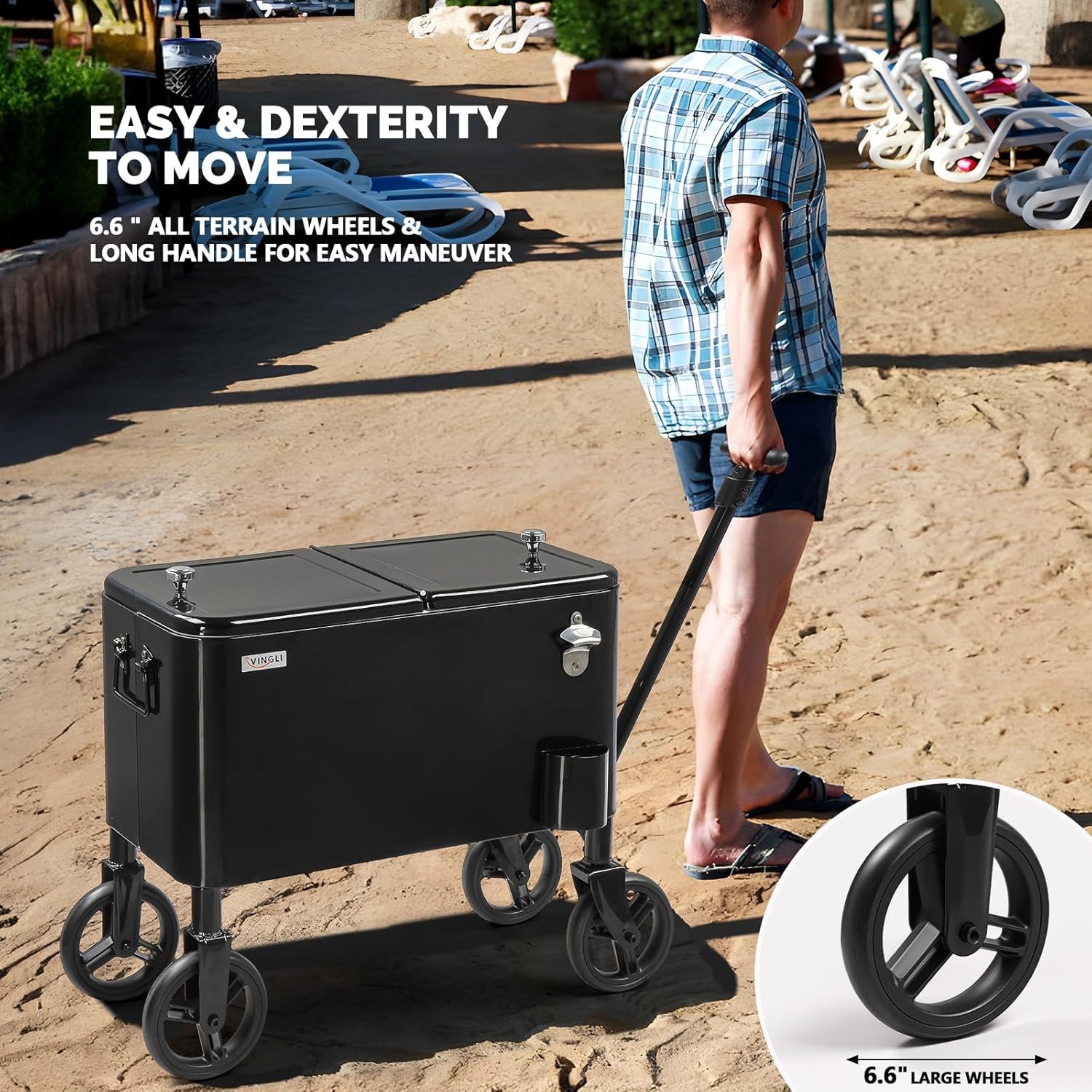 80 Quart Rolling Cooler Ice Chest with Wheels and Long Handle Black