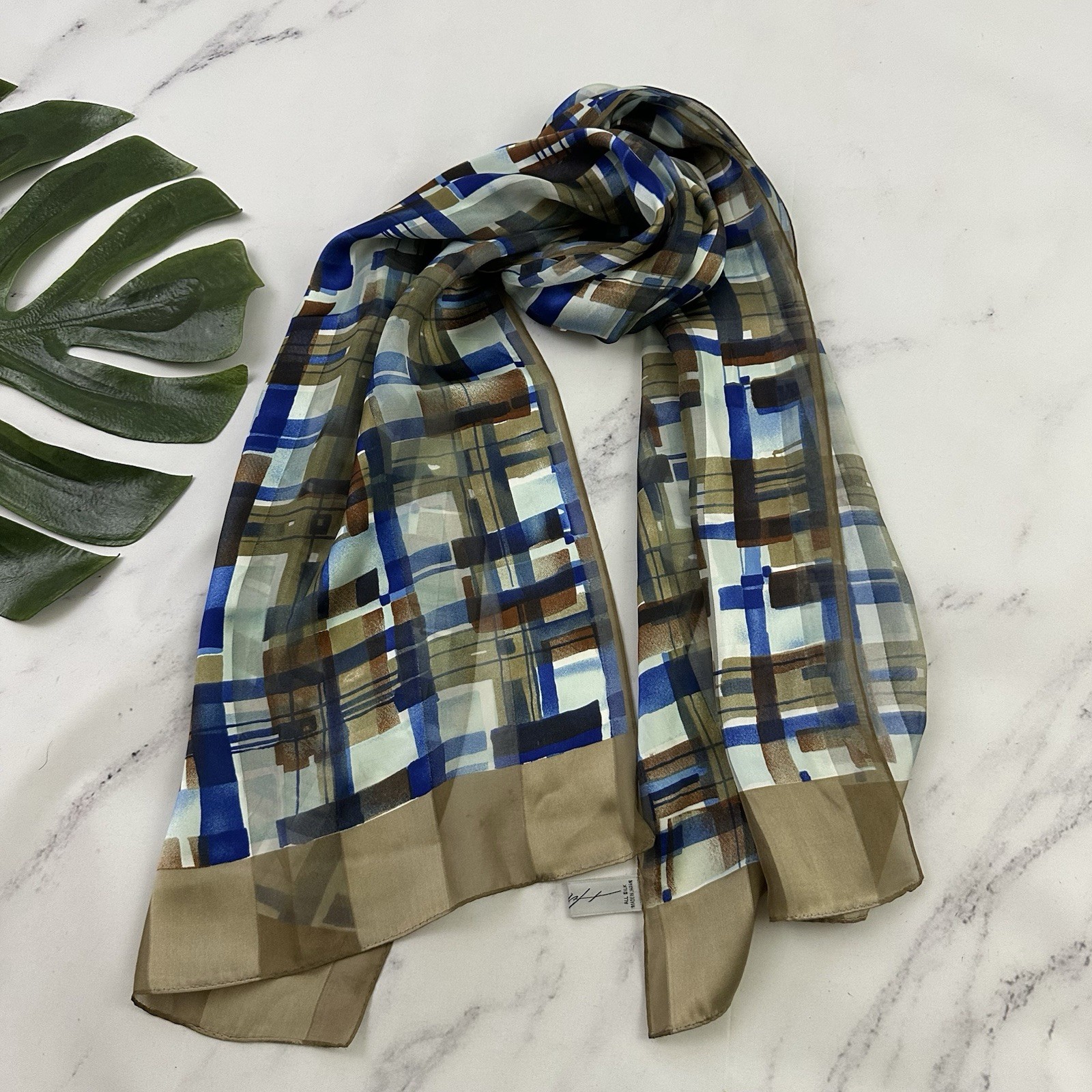 Hiroko Kapp Womens Vintage 90s Silk Scarf Tan Blue Geometric Print Japan Long
