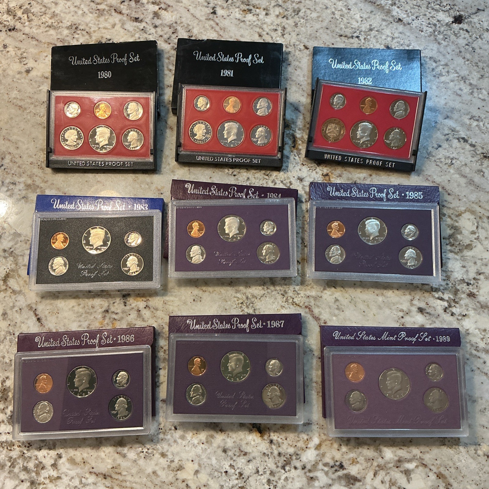 1980 - 1989 US Mint Proof Set Run (9 Sets) OGP Vintage Coin Lot Missing 1988