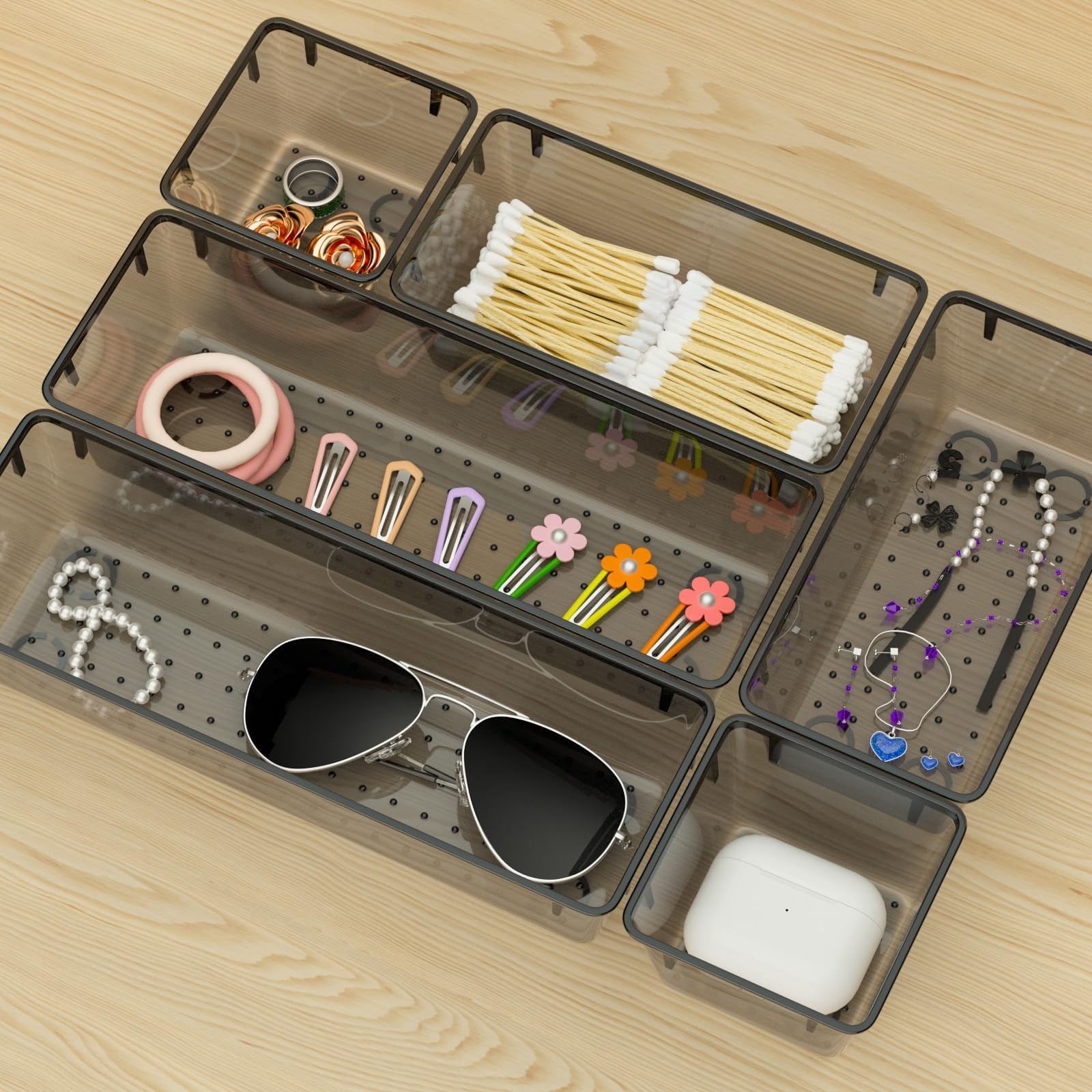 WOWBOX 6~Pack Clear Acrylic Drawer Organizer Trays, Black