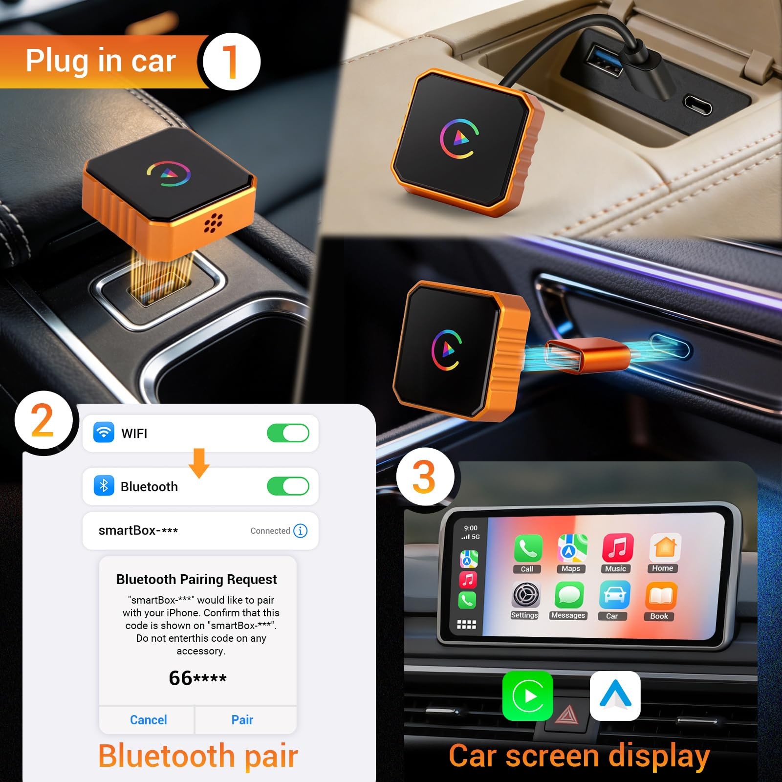 Wireless CarPlay Adapter for iPhone & Android, 2-in-1 Orange