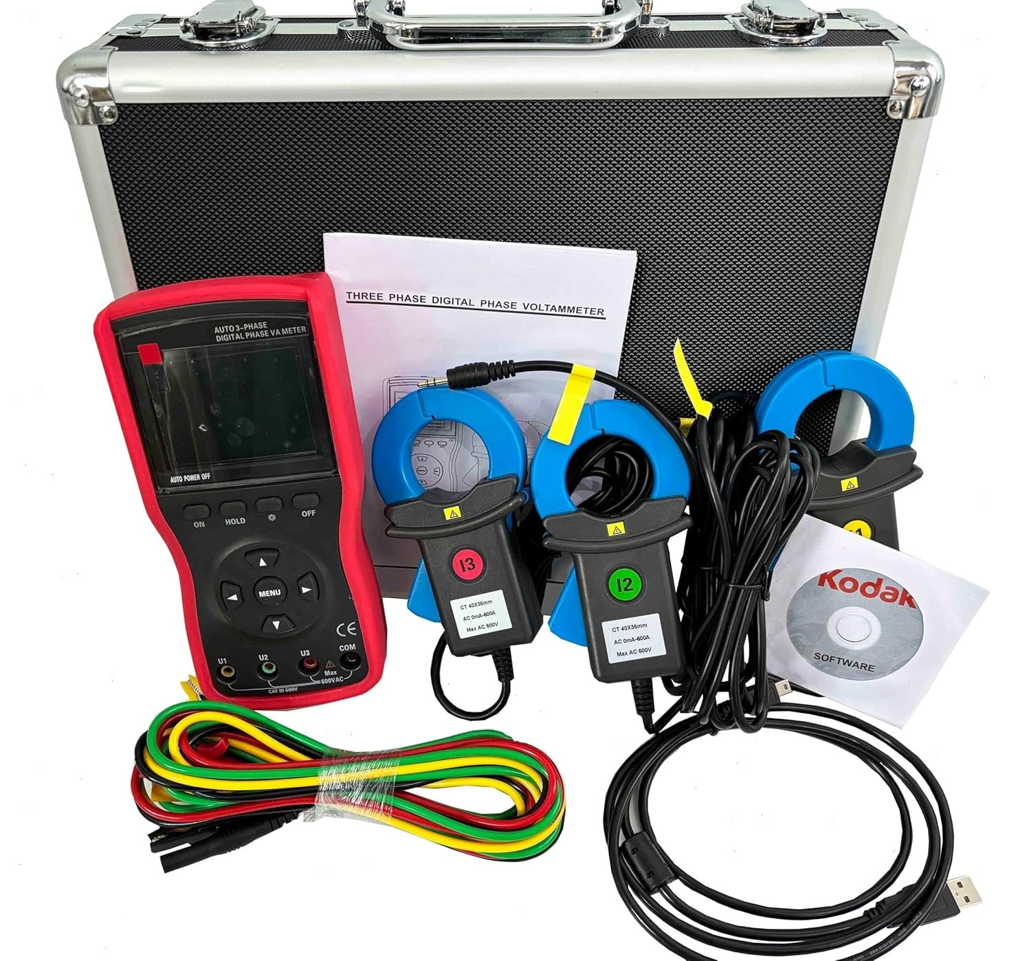 Digital Phase Voltmeter Clamp Meter Three phase 600V 600A 360° Current Detector
