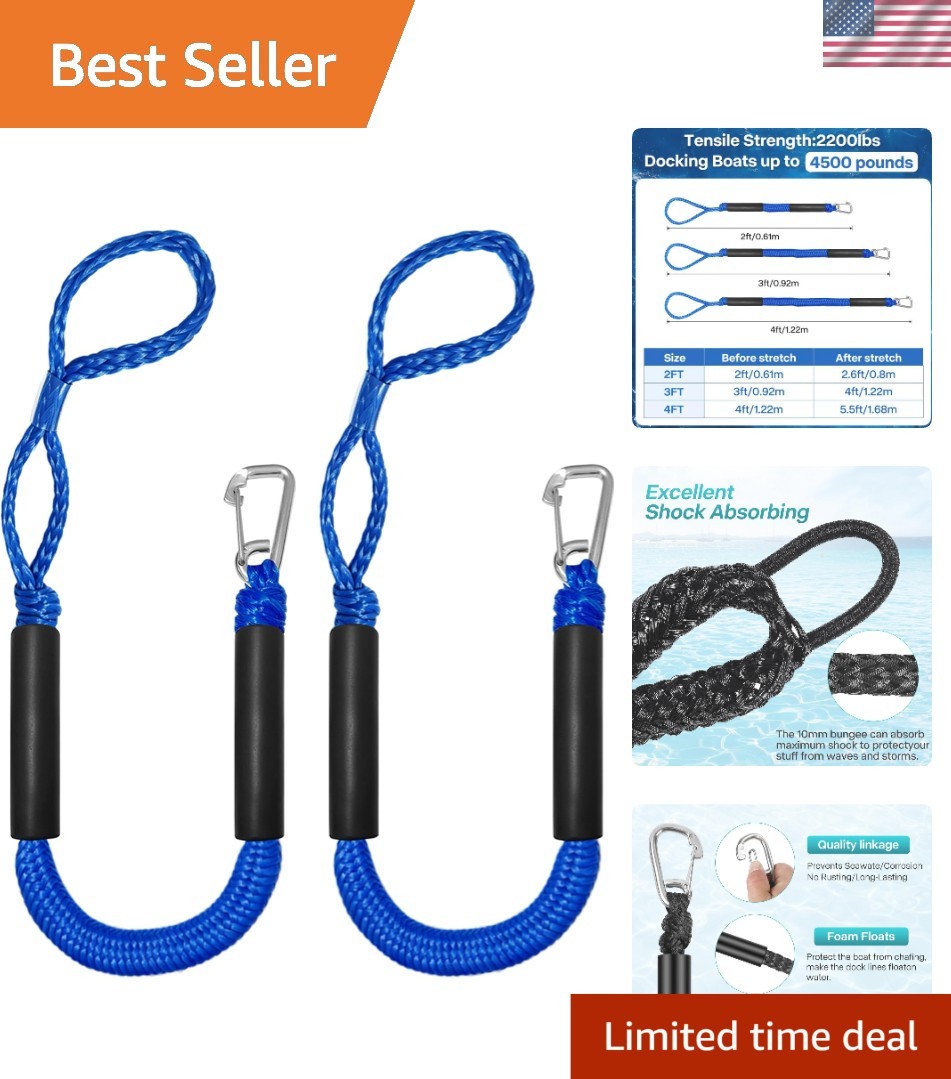 Durable Bungee Dock Lines with 316 Stainless Clips - 2-Pack Boat Ropes, Blue