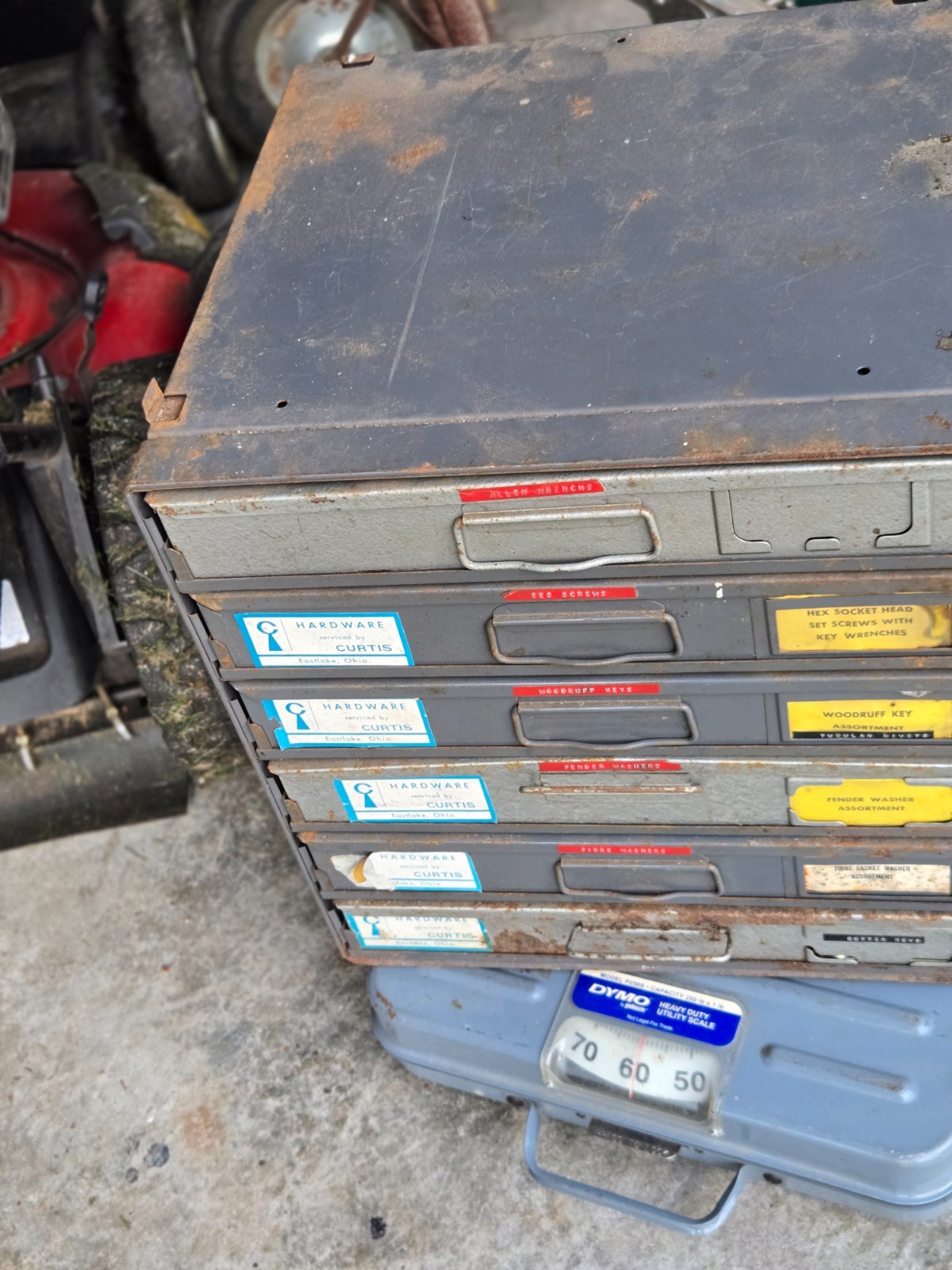 Curtis indust. cabinet FULL OF BRAND NEW OLD STOCK HARDWARE PARTS 60 LBS. TOTAL!