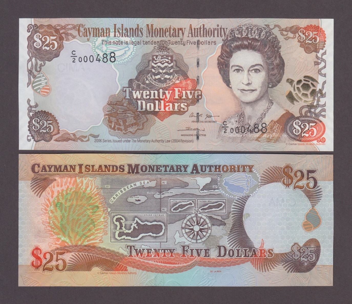 CAYMAN ISLAND P.36  25 DOLLARS 2006 LOW S/N  UNC WE COMBINE  2604