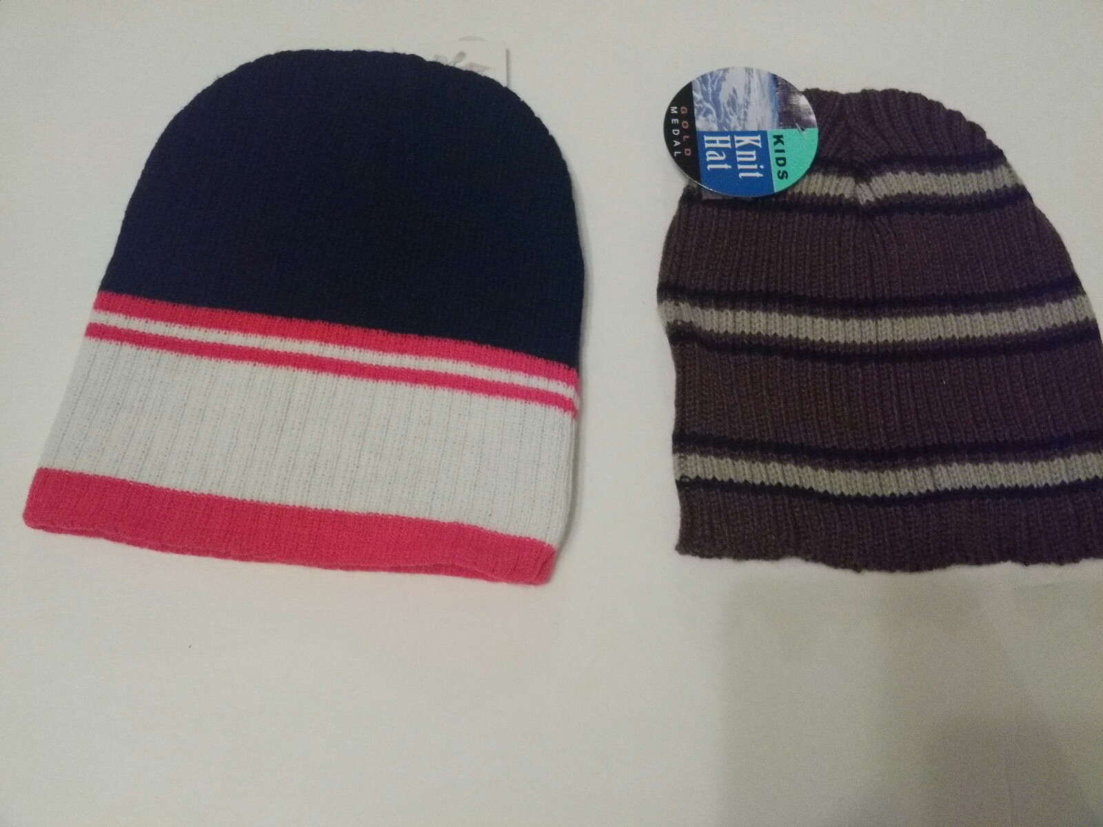 Boys/Kids Knit Hats Navy Blue With Red Stripe And Brown With Black Stripe
