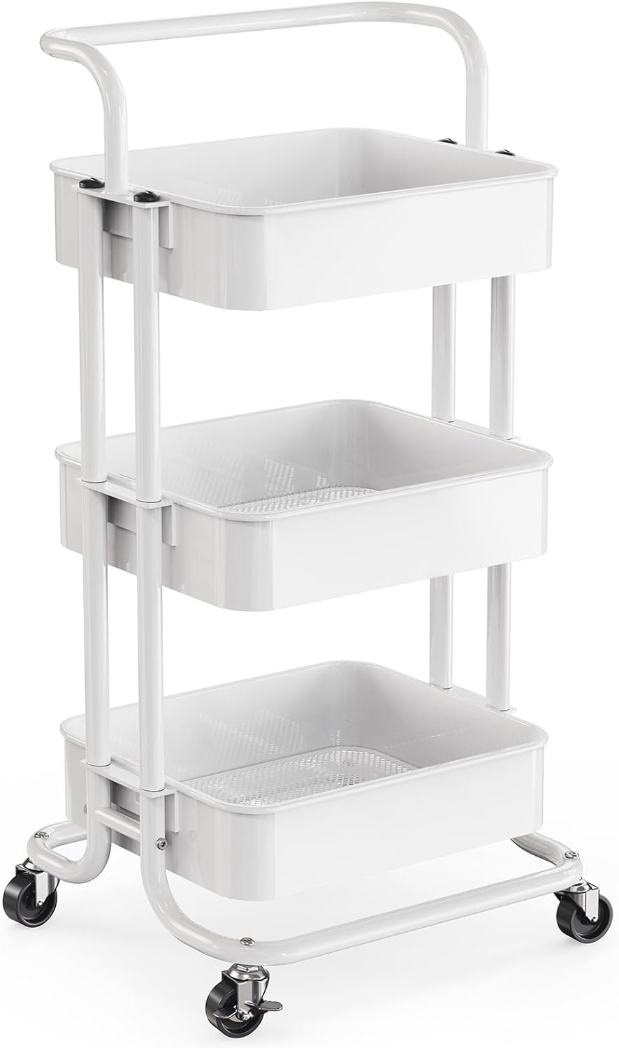 3 Tier Mesh Utility Cart,Rolling Metal Organization Cart-Handle & Lockable Wheel