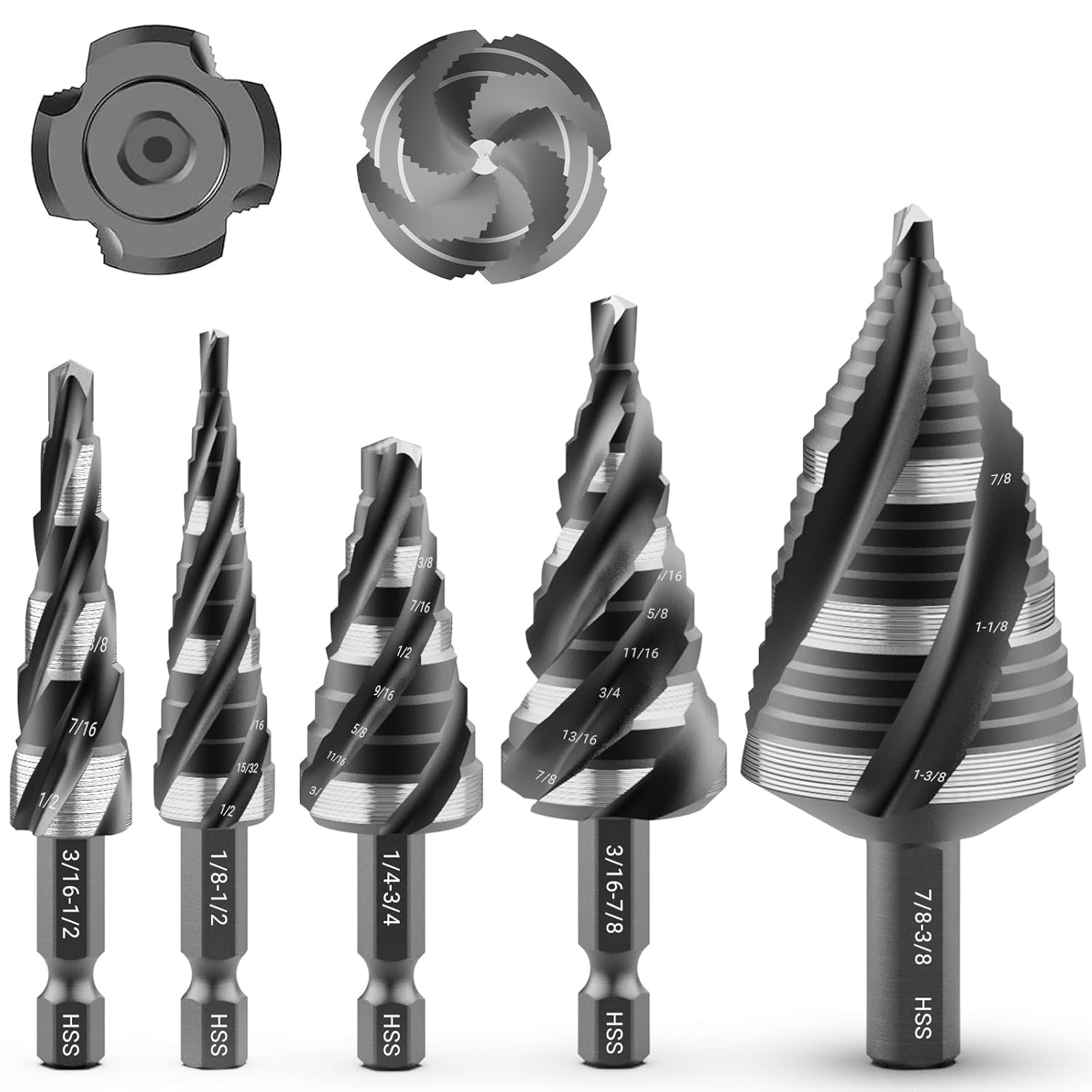 5 Pcs Four Spiral Flute Step Drill Bit Set, HSS Unibit Step Drill Shank Step Bit