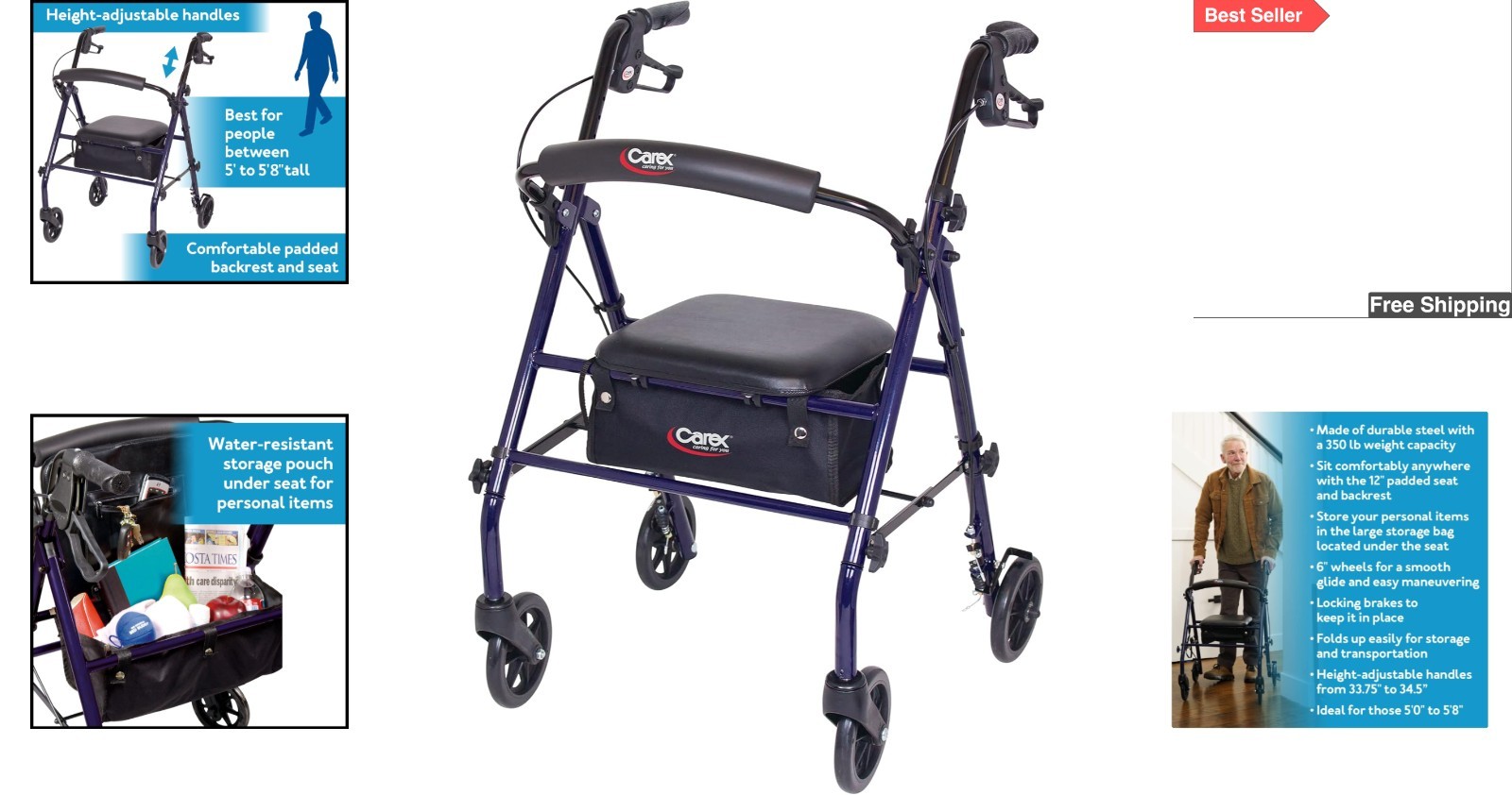 Padded Steel Rollator Walker for Seniors - 350 lbs Capacity, Height Adjustable