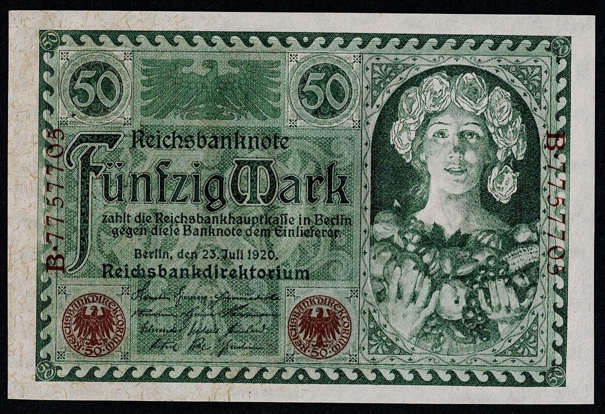 GERMANY, REPUBLIC TREASURY NOTE 50 MARK B-Series 1920 UNC P-68, ROS#66