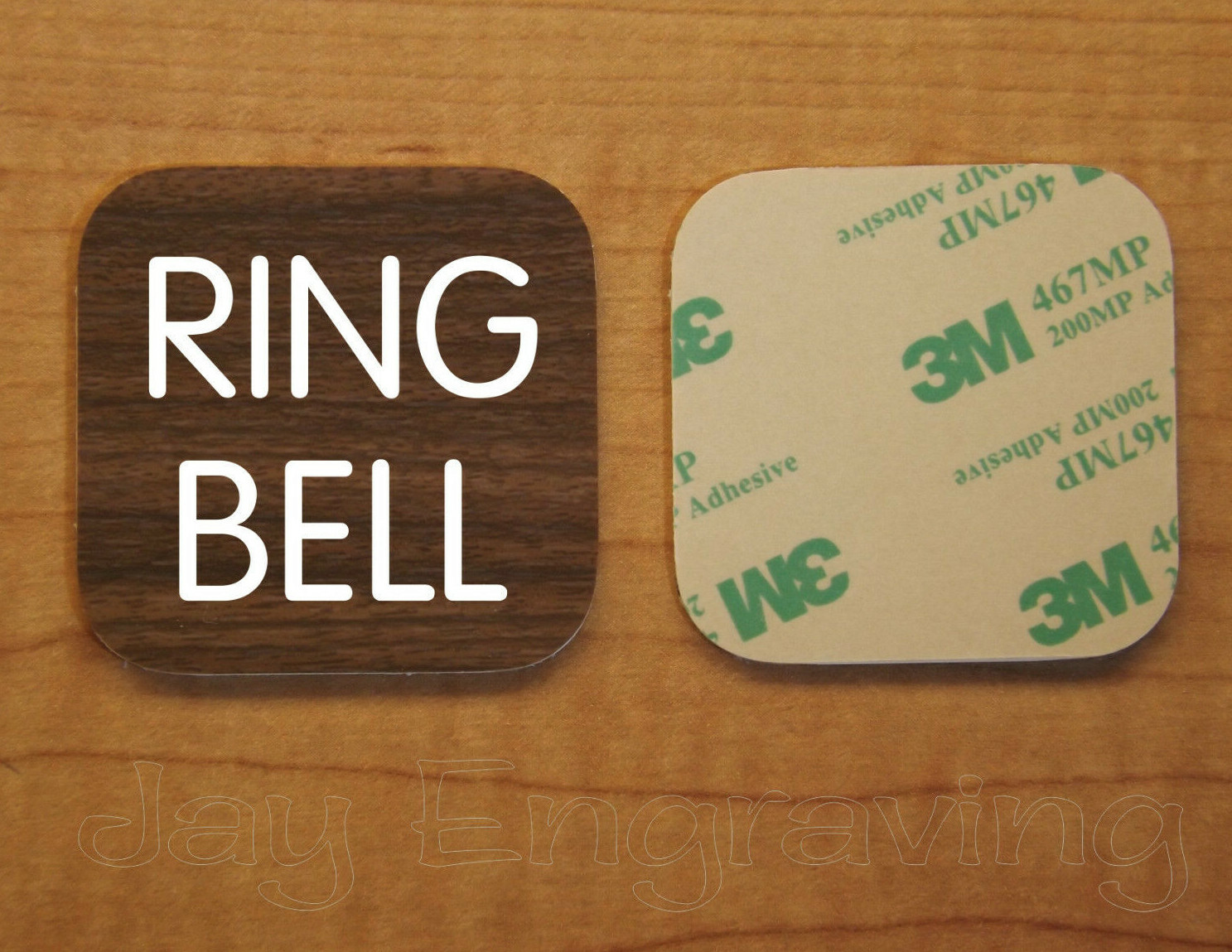 2x2 RING BELL Engraved Walnut Wood-Grain Plastic Tag Sign | Doorbell Wireless
