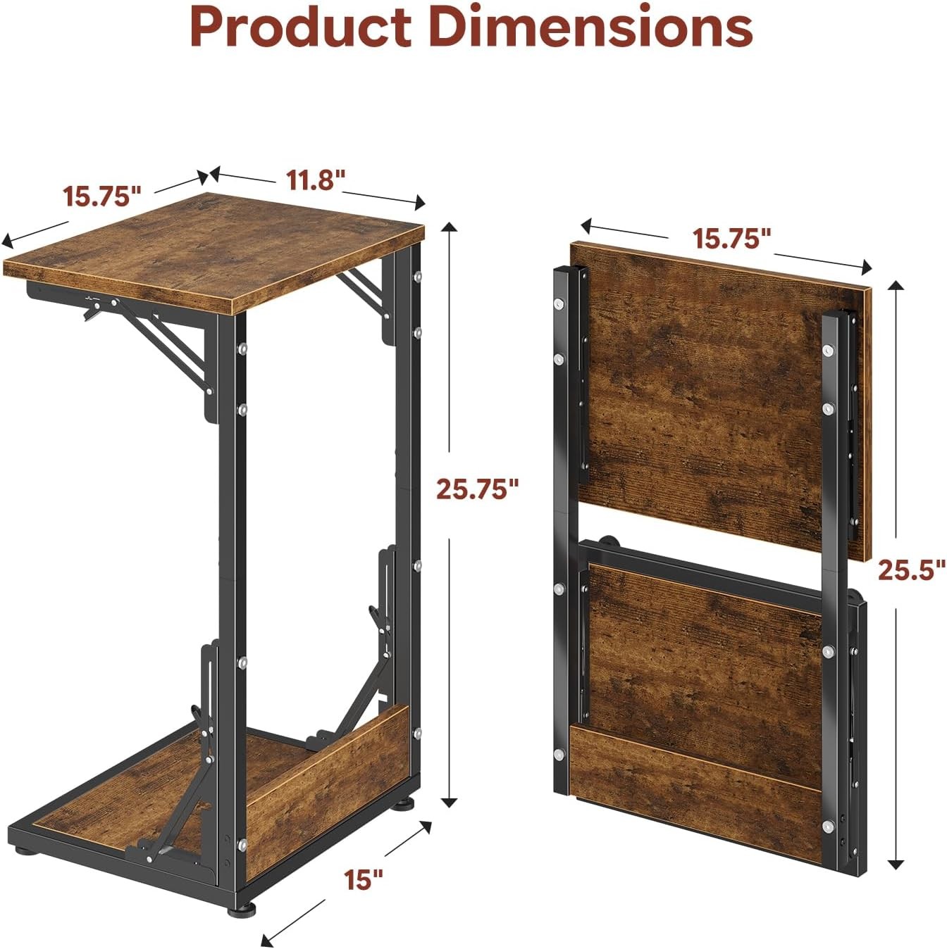 C Shaped End Table Folding TV Tray Table Side Table Living Bedroom Rustic Brown