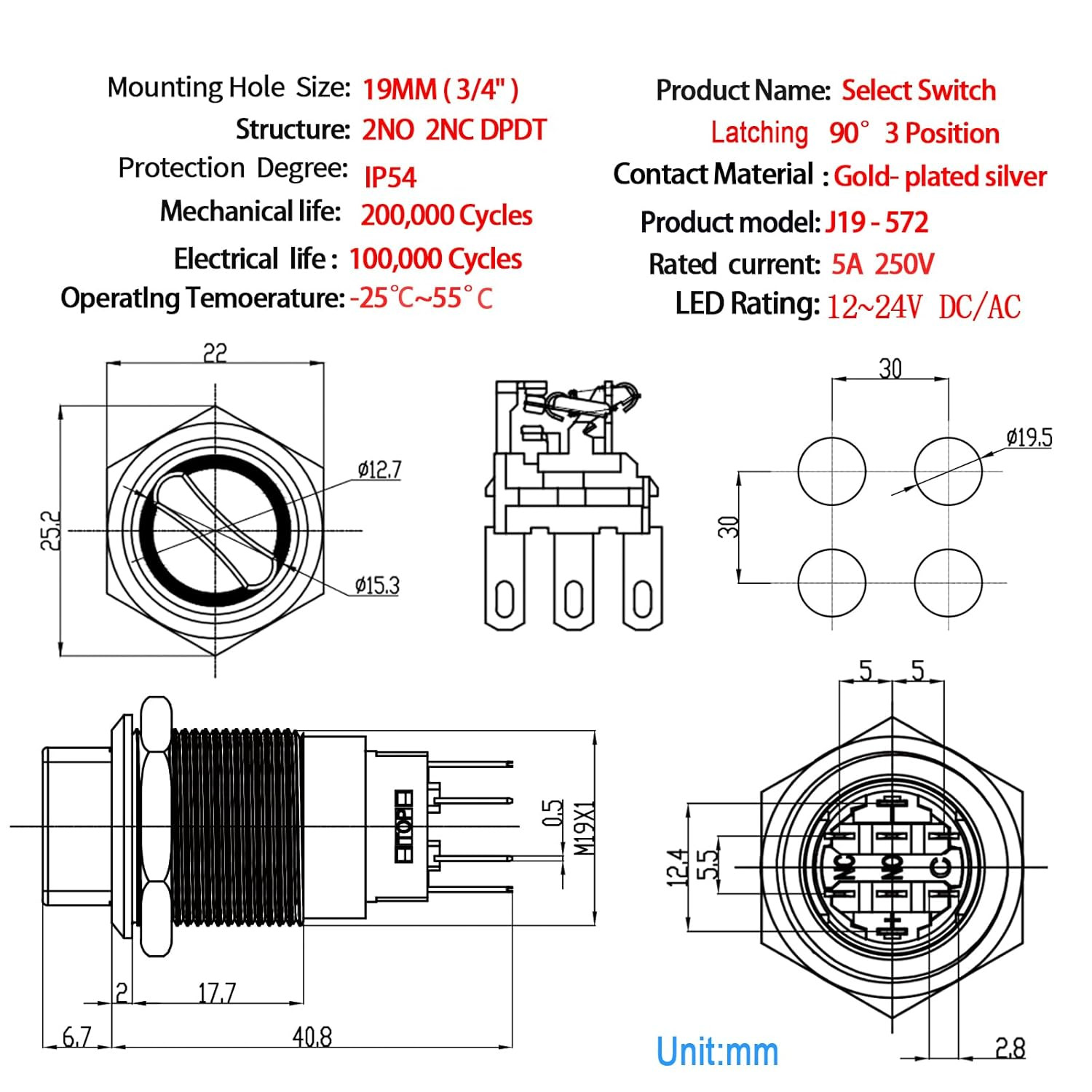 UL Listed 3 Position Rotary Switch 19Mm 12V-24V DC/AC, Latching Selection