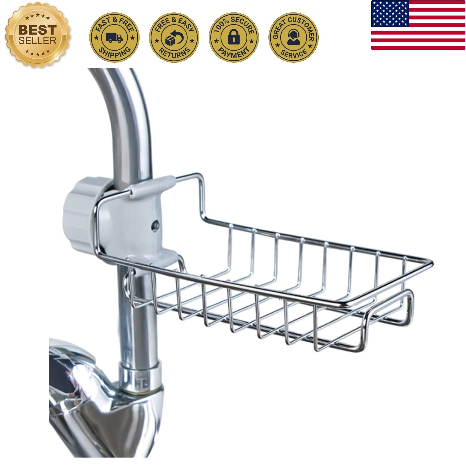 Durable Stainless Steel Faucet Storage Rack – Two Compartment Caddy for Utensils
