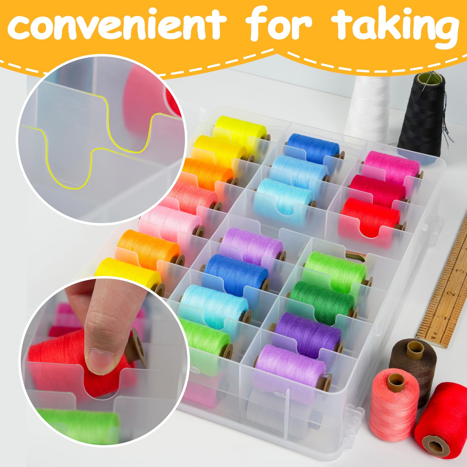 KASTUN Thread Storage,Double Sided,46 Grids Sewing Organizer,Portable, clear