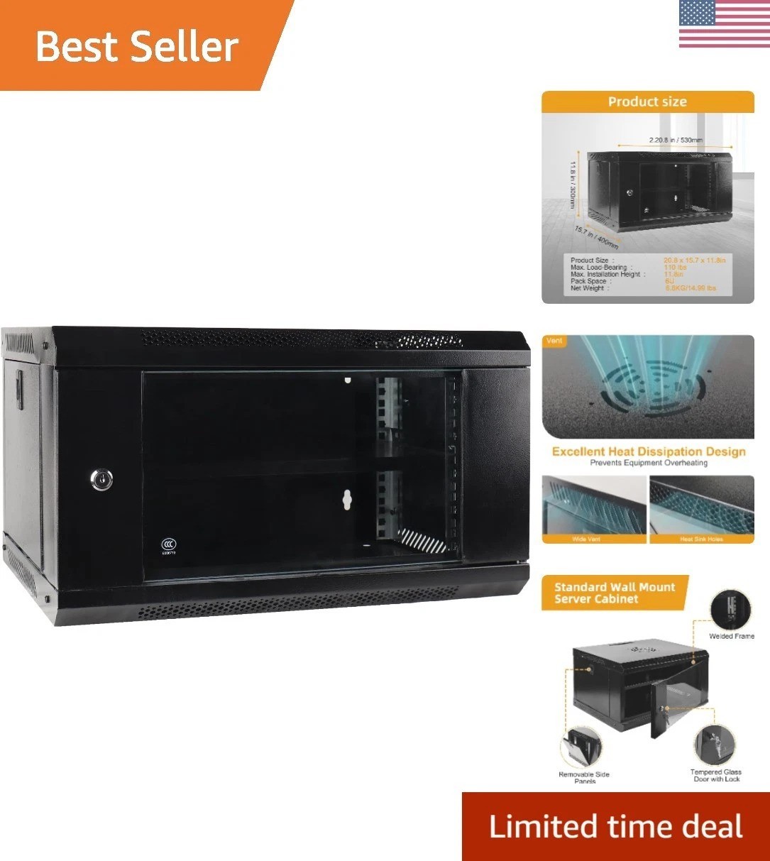 6U Wall Mount Network Server Cabinet with Glass Door, Locks, Removable Side P...