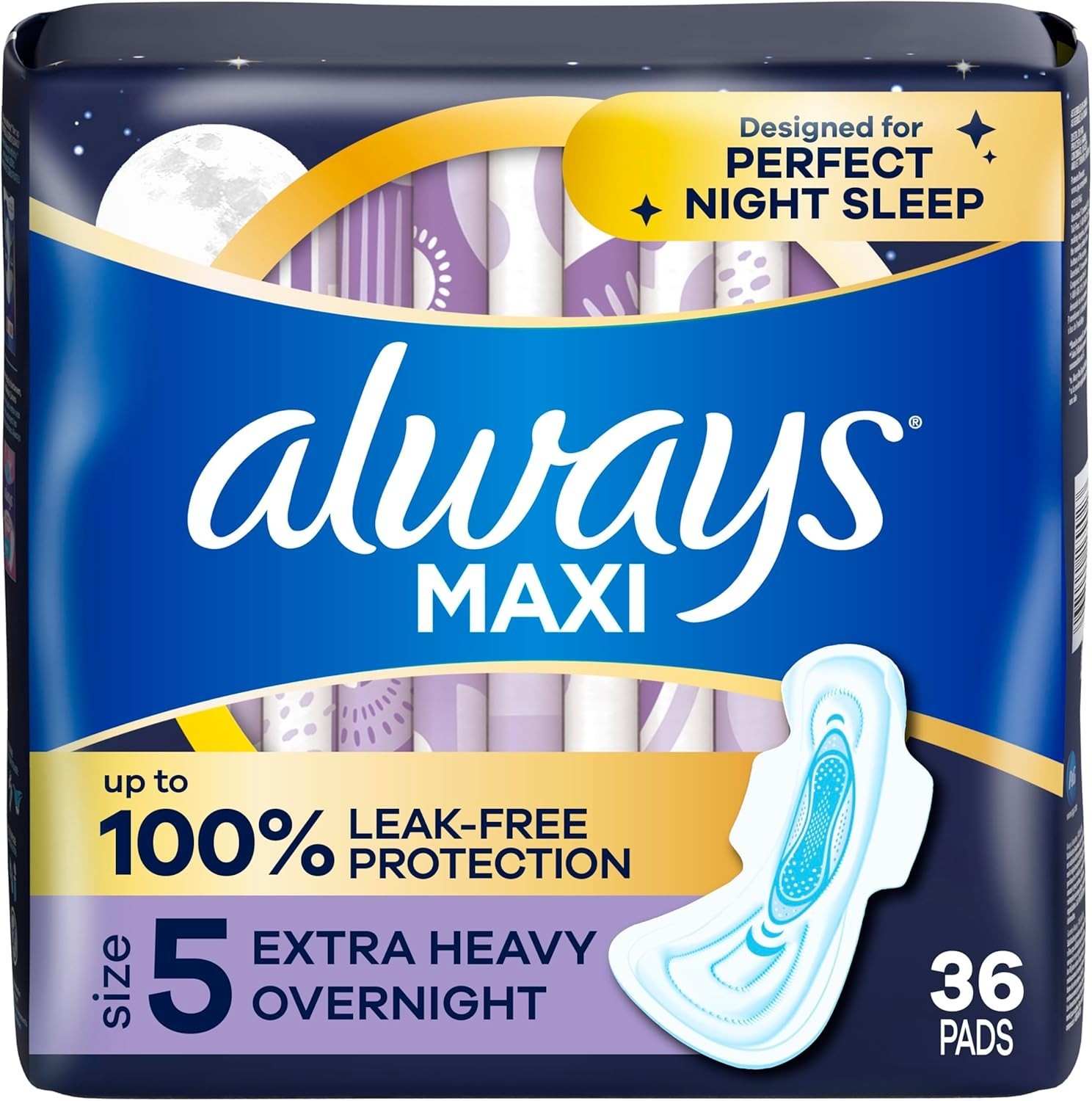 Always Maxi Overnight Pads with Wings for Women, Size 5,Extra Heavy Overnight 36