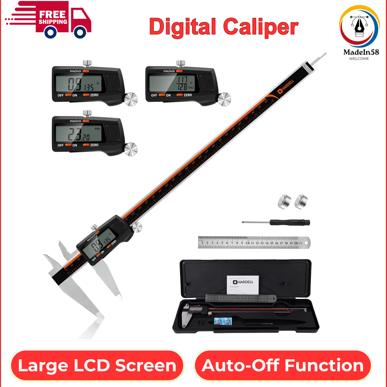 Digital Caliper 12 Inch, HARDELL Caliper Measuring Tool With Large LCD Screen