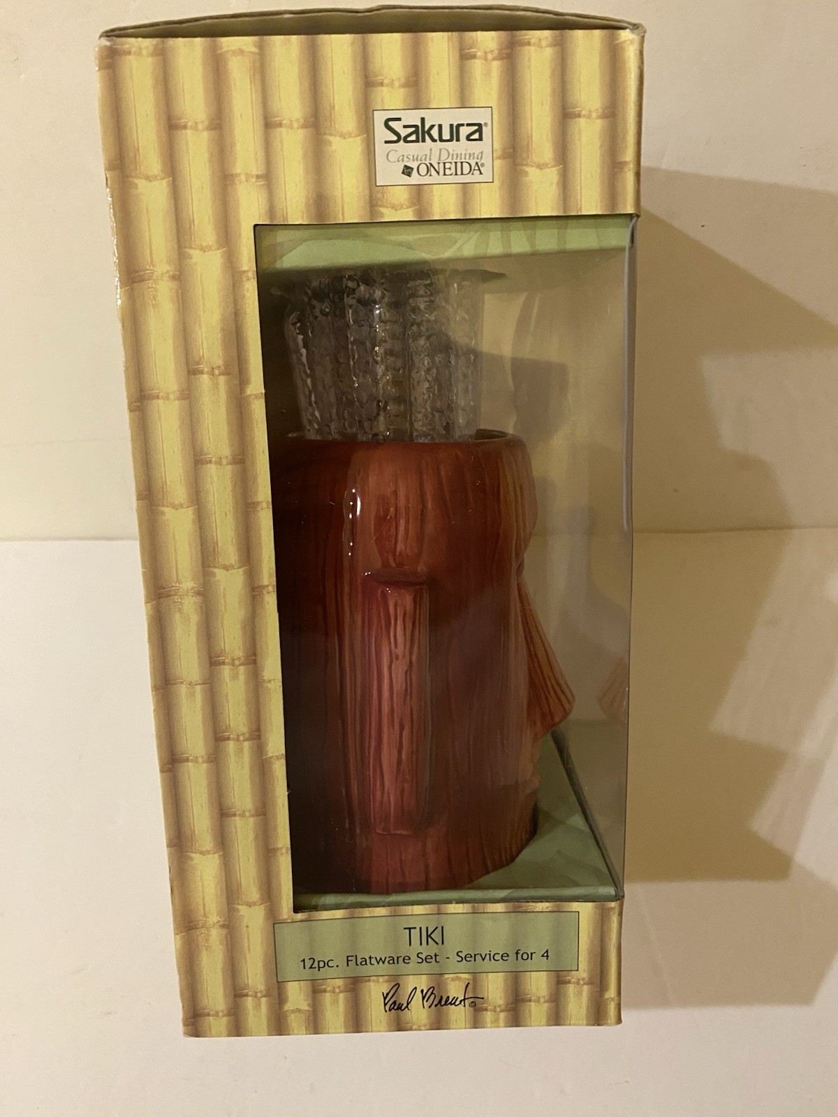 Sakura Tiki Flatware Set Oneida Stainless Steel 12 Piece Earthenware Caddy NEW