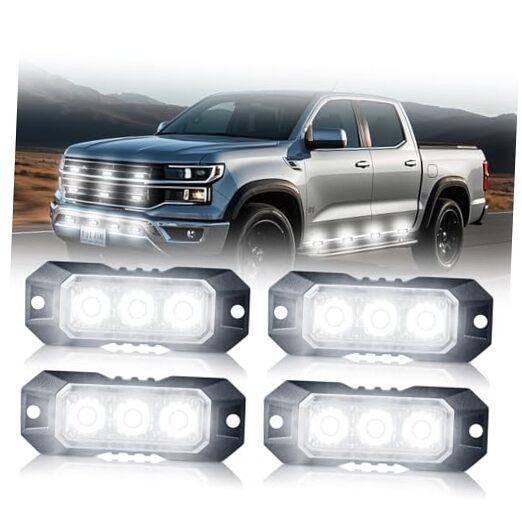 LED Strobe Lights for Trucks 3-LED Super Bright Surface Mount 3LED-4PCS White