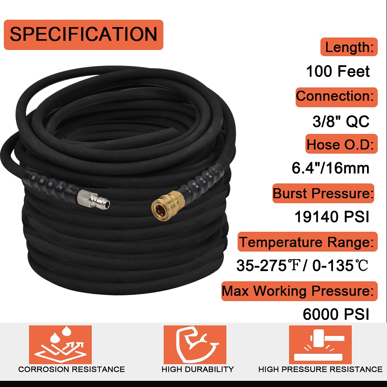 Hot Water Pressure Washer Hose 3/8" x 100ft 6000 psi Non-Marking 2-Braid Black