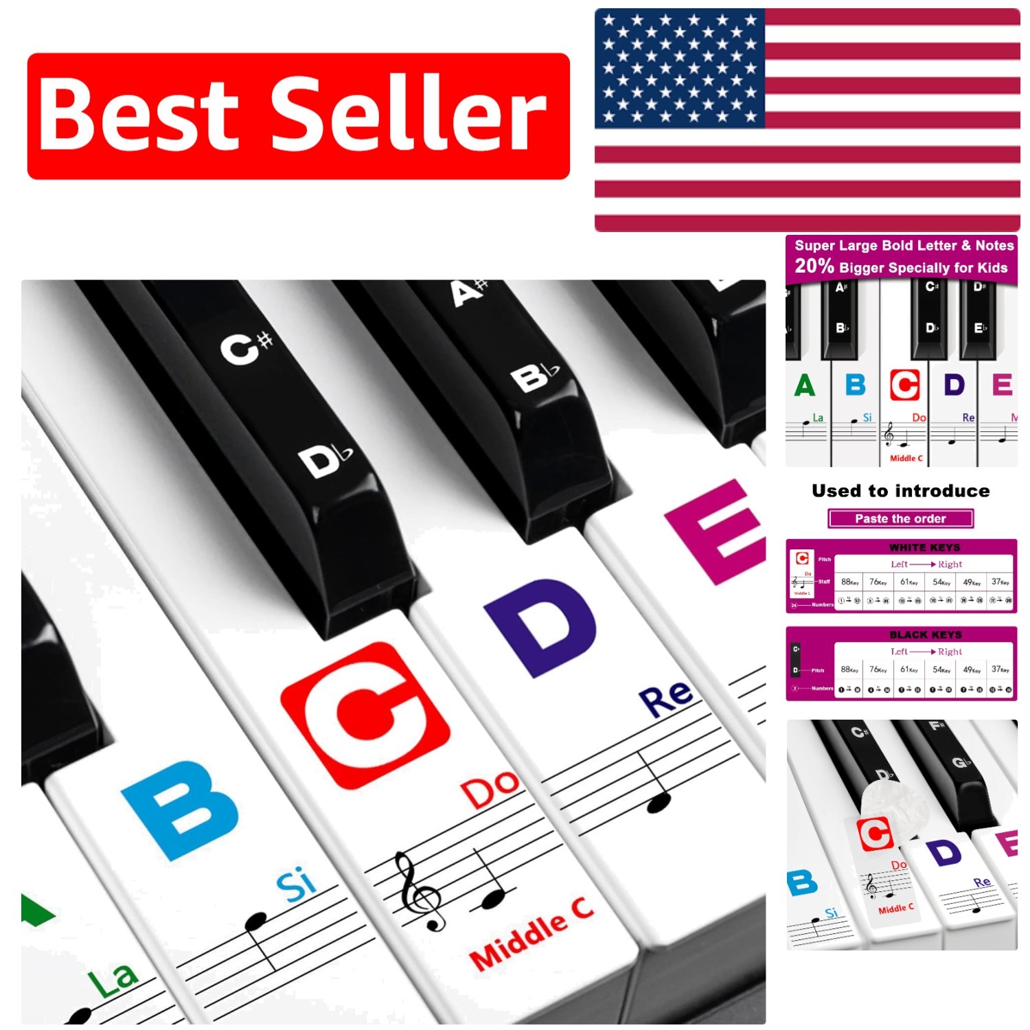 Colorful Piano Keyboard Stickers with Solfege for Easy Learning - 88/61/49 Keys