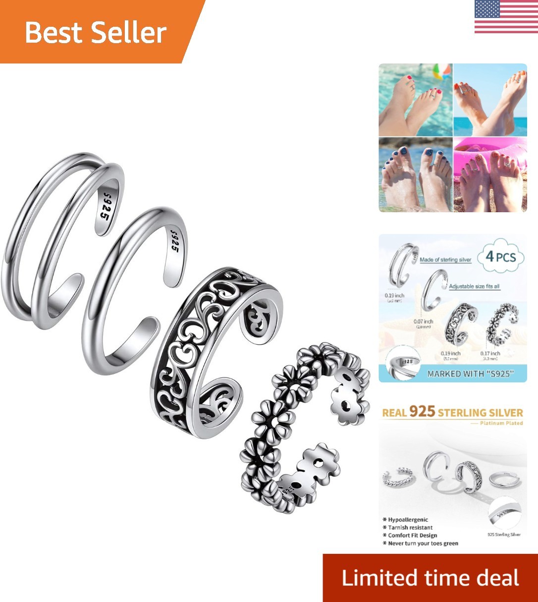 Minimalist 4-Pc Sterling Silver Toe Ring Set – Summer Beach Jewelry Essentials