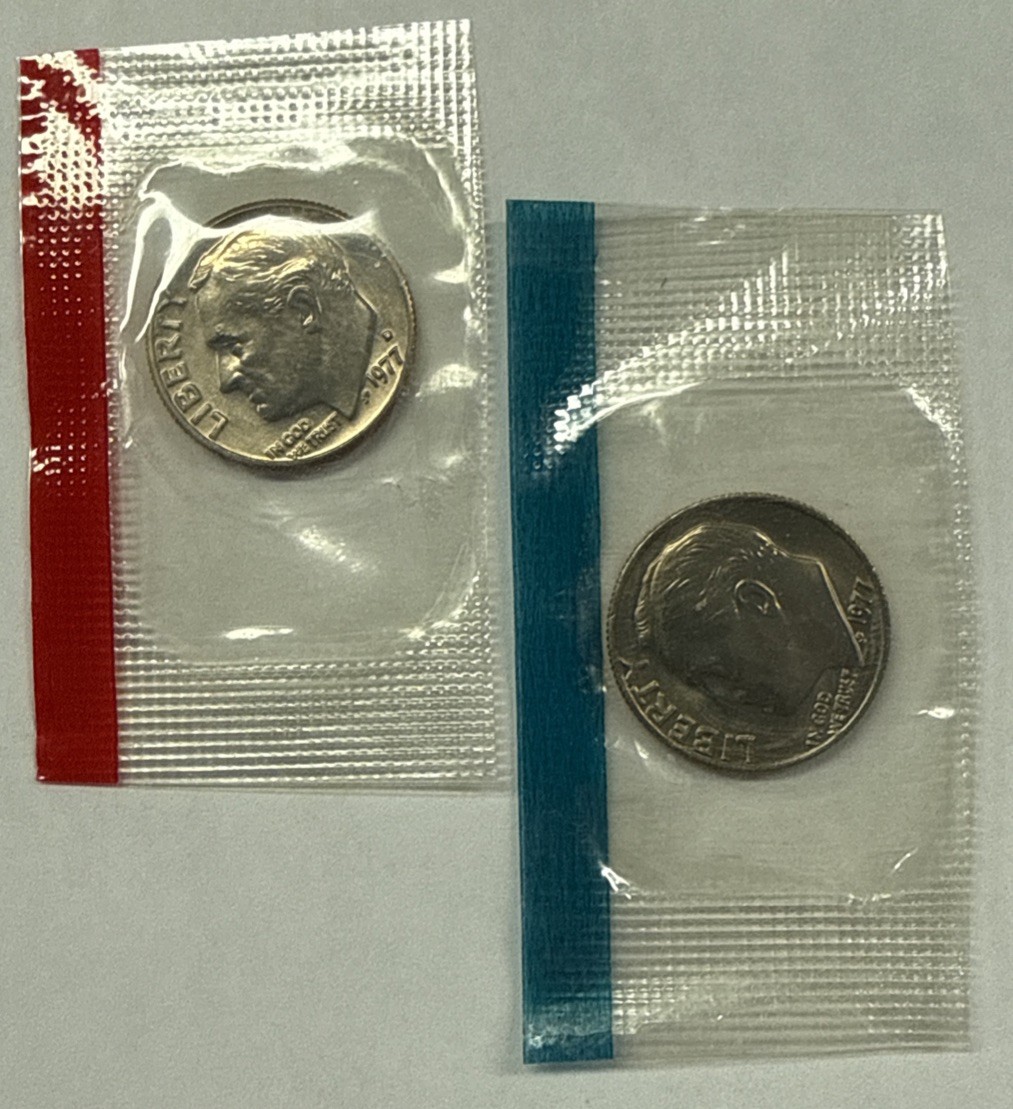1977 P&D Roosevelt Dimes from Mint Set in Mint Cello with Free Shipping